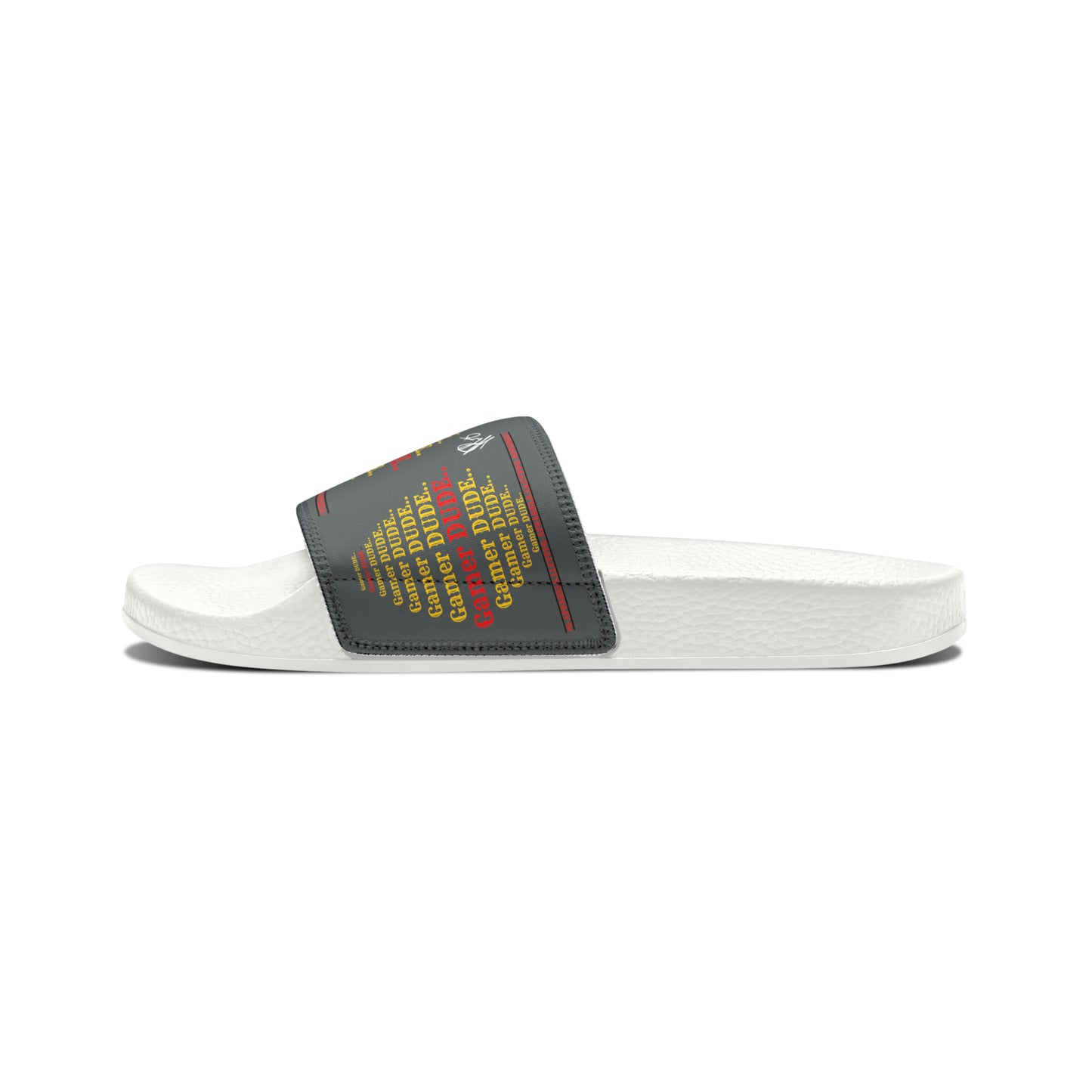 These are our "TPPG Brand" Grey Top/Black & White Soles "Gamer" Printed Men/Women's & Children Slide Sandals