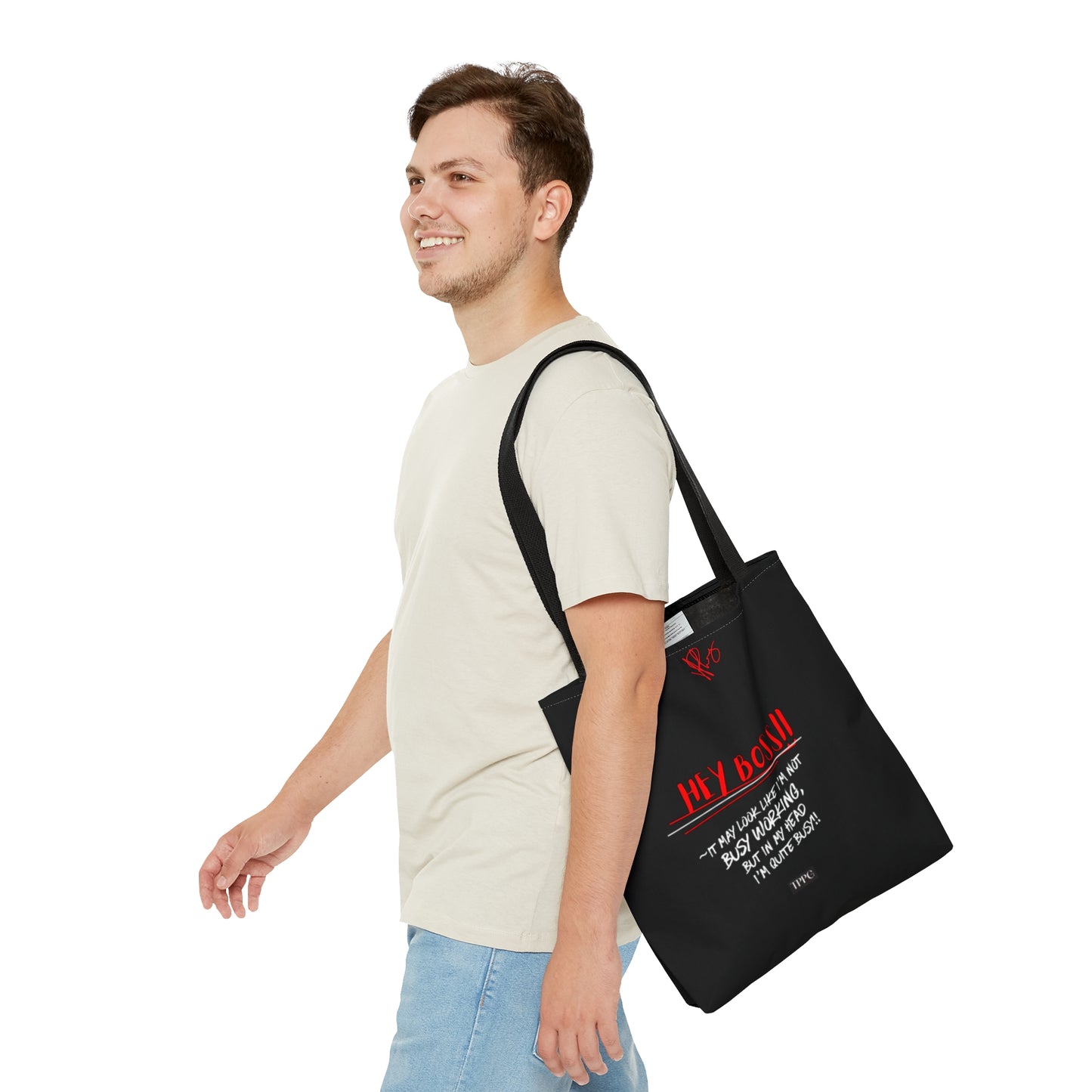 Fun 3 sizes - Black 'Hey, Boss' Handy 'Brand Quotable Design' - Front facing Style Design Tote Bag from the 'TPPG-Apparel' Brand Collection