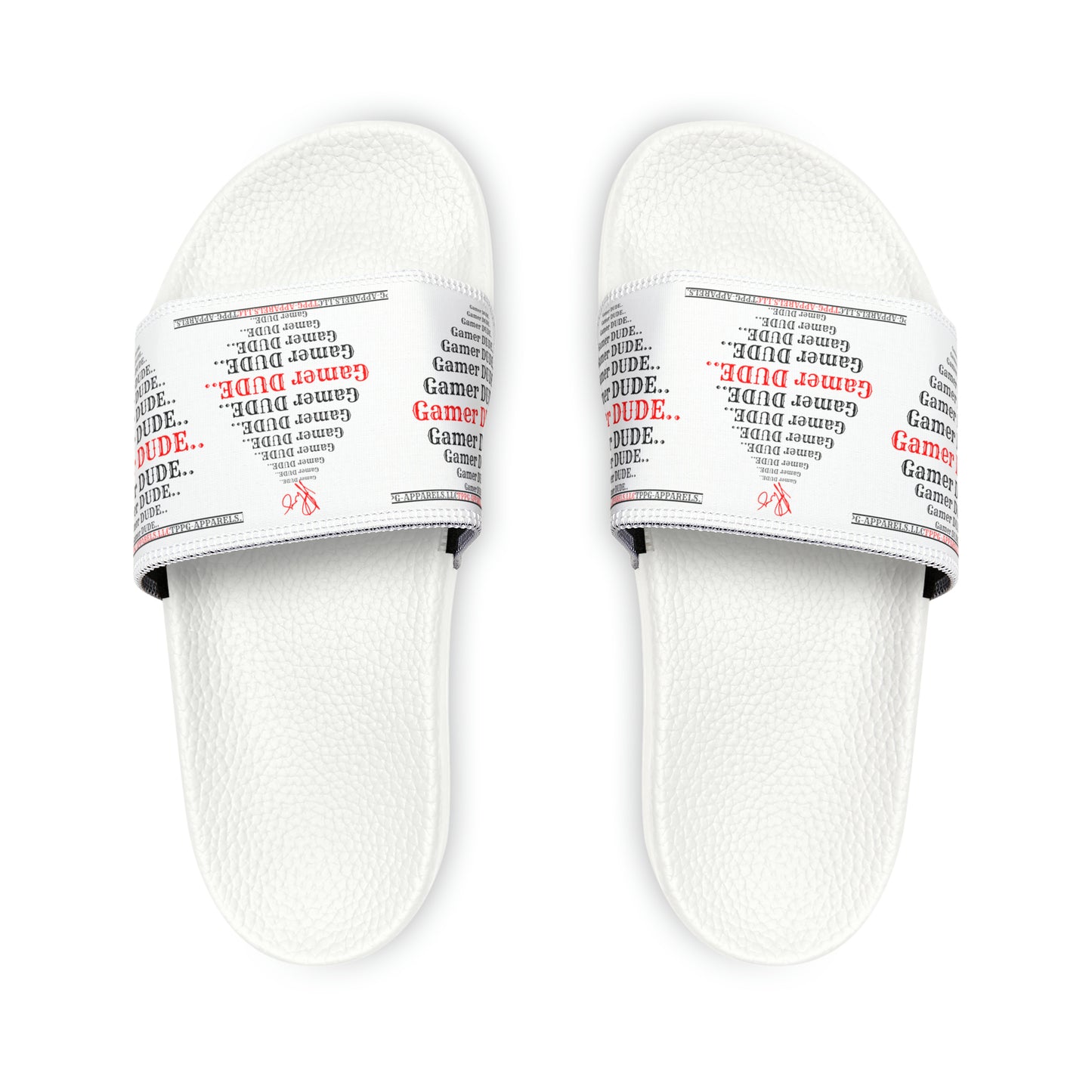 These are our "TPPG Brand" White Top/White or Black Soles "Gamer" Printed Men/Women's & Children Slide Sandals