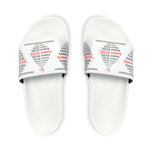 These are our "TPPG Brand" White Top/White or Black Soles "Gamer" Printed Men/Women's & Children Slide Sandals