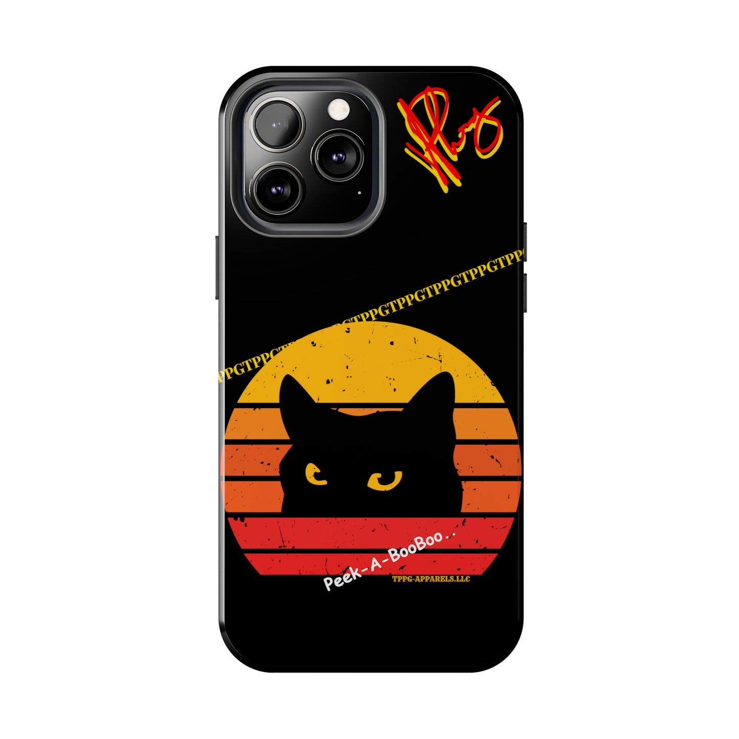 One of our Cutest Cat "Peek-A-BOOO.." Pet Designs (in a Bold Yellow/Orange/Red Base Colors) Verision from the 'TPPG Collection' Line carries Several sizes of the "iPhone Series" Tough Phone Cases