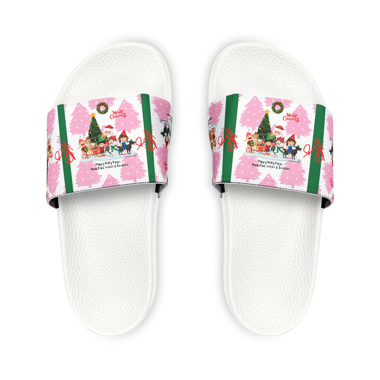 Our "TPPG Brand" White Top/White or Black Soles "Holiday" Printed Men/Women's & Children Slide Sandals