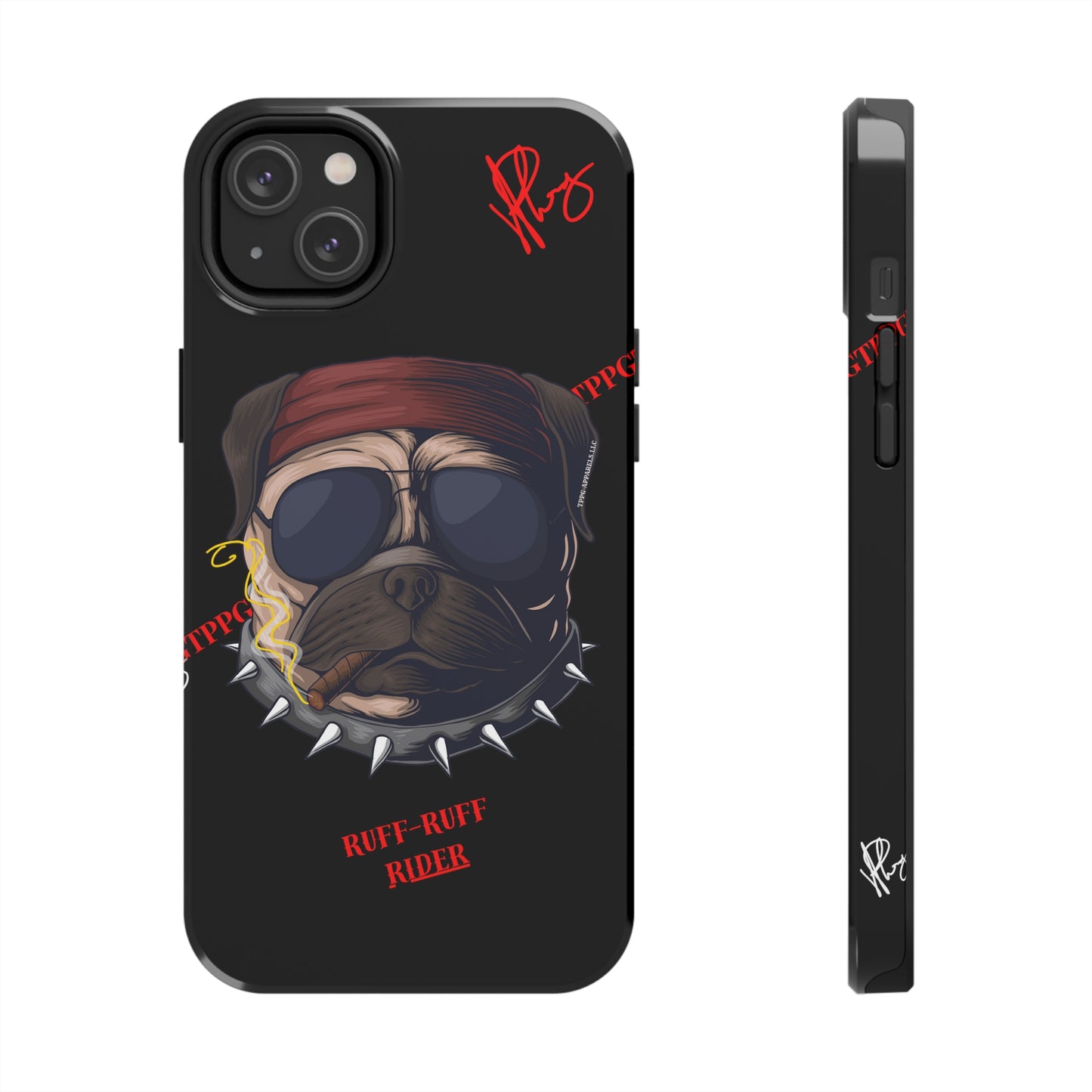 This Tough Design of A "Ruff Rider" with a Black Base Color - Cute Pet Design for Dog Owners Verision from the 'TPPG Collection' Line carries Several sizes of the "iPhone Series" Tough Phone Cases