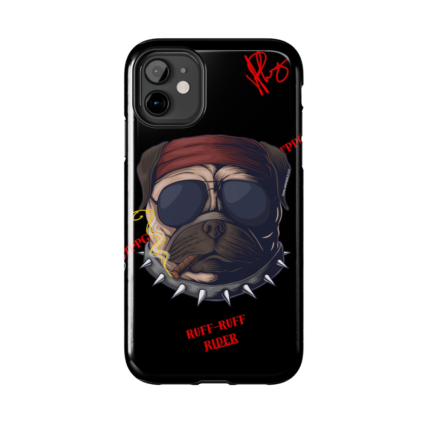 This Tough Design of A "Ruff Rider" with a Black Base Color - Cute Pet Design for Dog Owners Verision from the 'TPPG Collection' Line carries Several sizes of the "iPhone Series" Tough Phone Cases