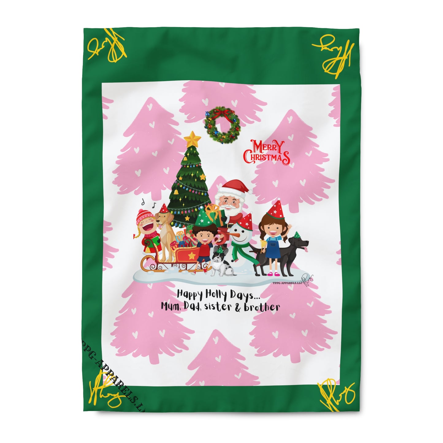 "TPPG Home" Holiday/Christmas Collection - (Deep Green w/Yellow Signature) 3ct sizes 'Duvet Blanket/Cover' (consealed zipper)