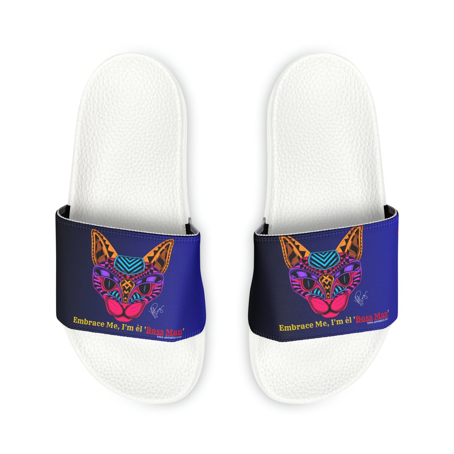 Our "TPPG Brand" White Top/White or Black Soles "Pet" Printed Men/Women's & Children Slide Sandals