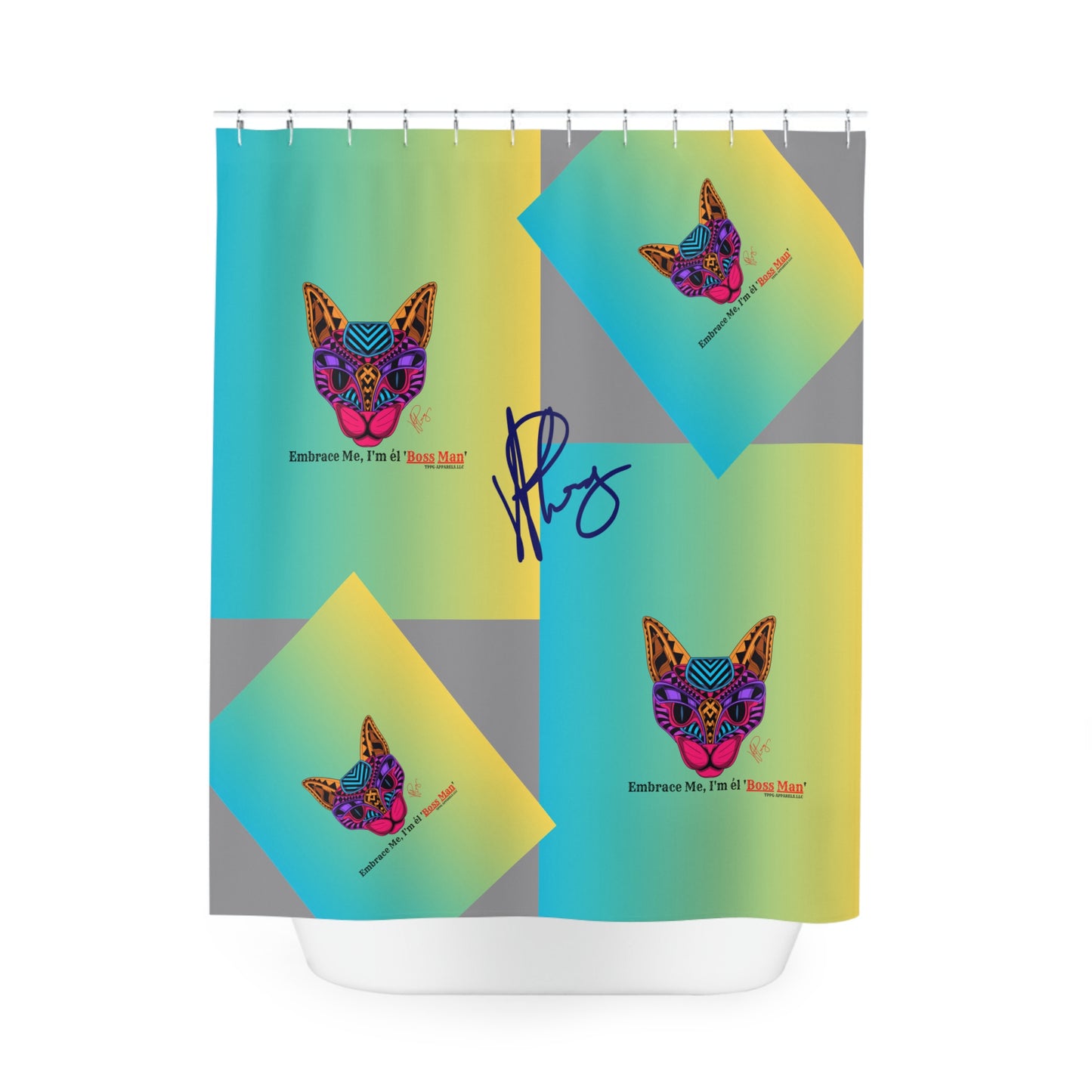 This is a Sleek "Boss Cat" Polyester Designer Style/ "TPPG-Apparels" Brand Shower Curtain