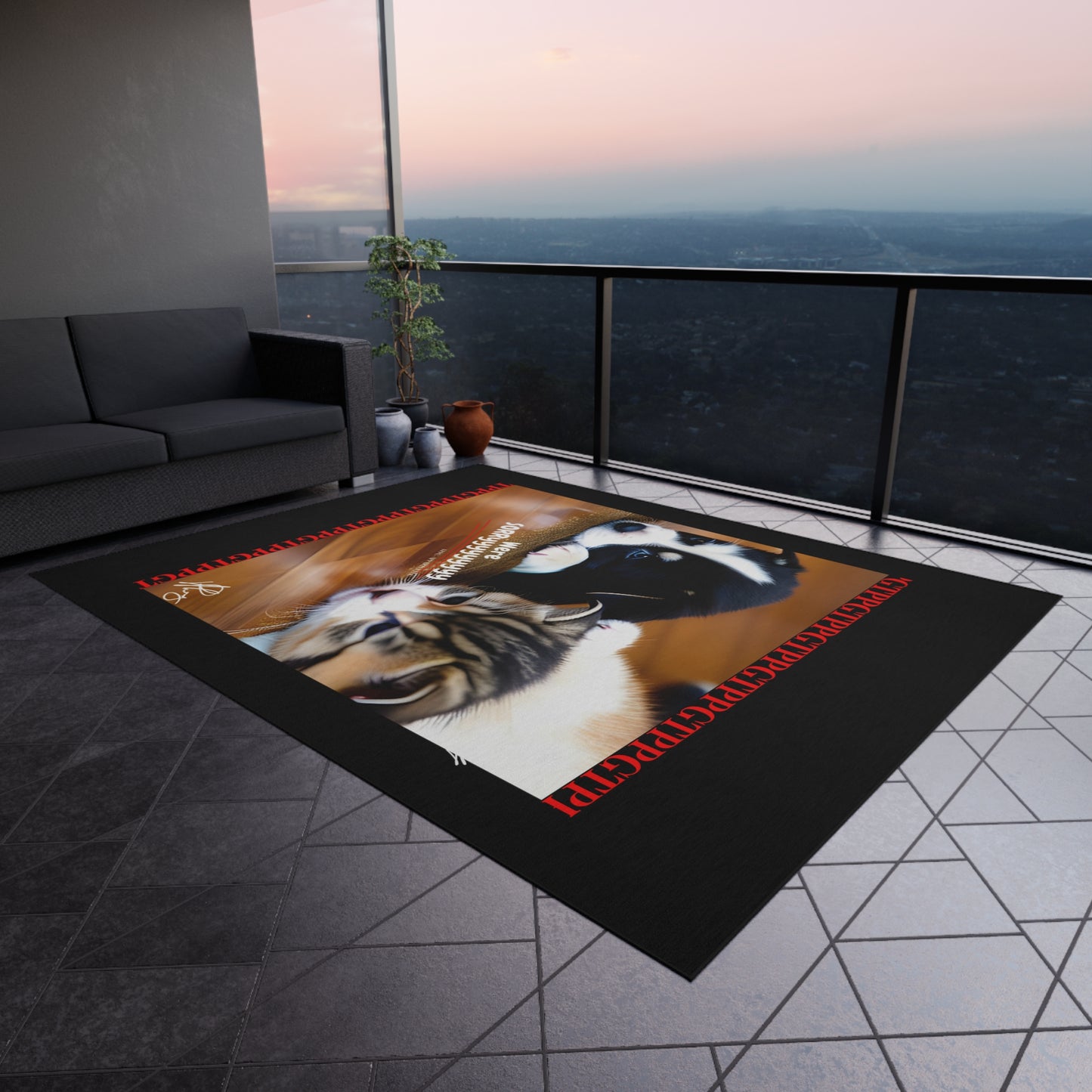 Durable Non-Slip Outdoor Carpet/Rug ('We're Sorryyyyyy') Cat Design (Black Background)