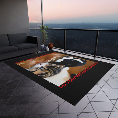 Durable Non-Slip Outdoor Carpet/Rug ('We're Sorryyyyyy') Cat Design (Black Background)