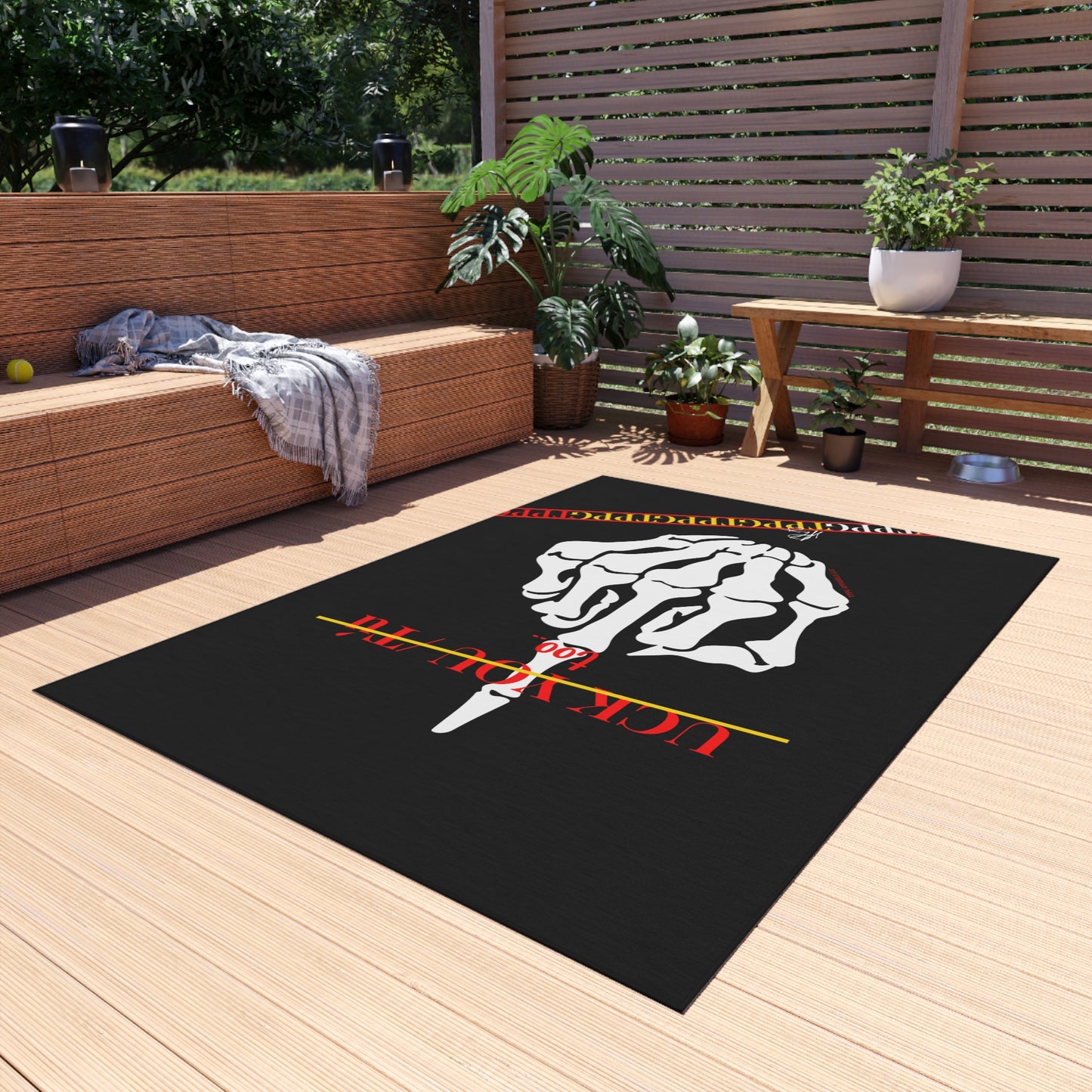 'TPPG Skelton Rock Design ('Uck You Tú')-Jet Black Durable & Non-Slip Outdoor Rug