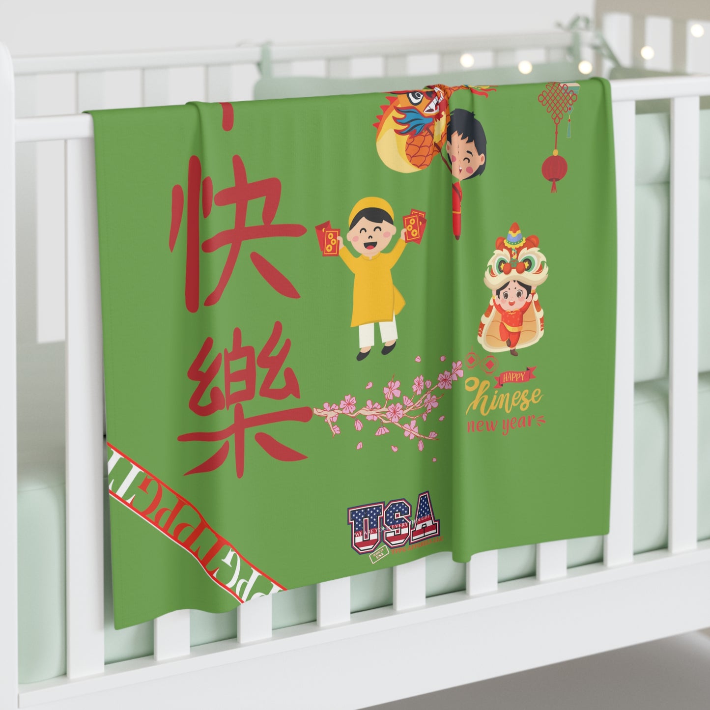 Chinese Lunar Holiday 30"x40" (Xmas Green/USA) Infant/Baby Jersey ' Chinese Lunar Holiday' Swaddle Blanket by: "TPPG Infant/Toddler" Collections