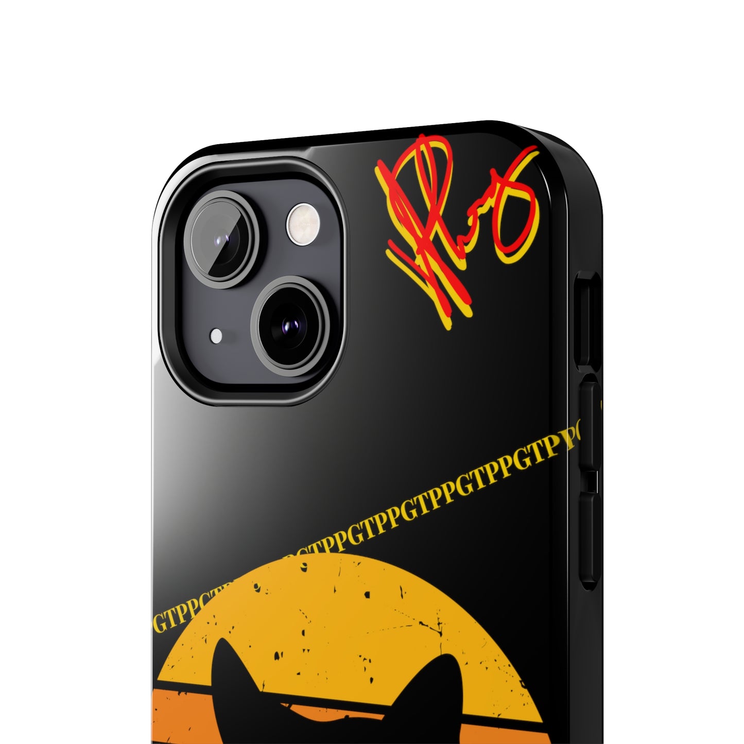 One of our Cutest Cat "Peek-A-BOOO.." Pet Designs (in a Bold Yellow/Orange/Red Base Colors) Verision from the 'TPPG Collection' Line carries Several sizes of the "iPhone Series" Tough Phone Cases