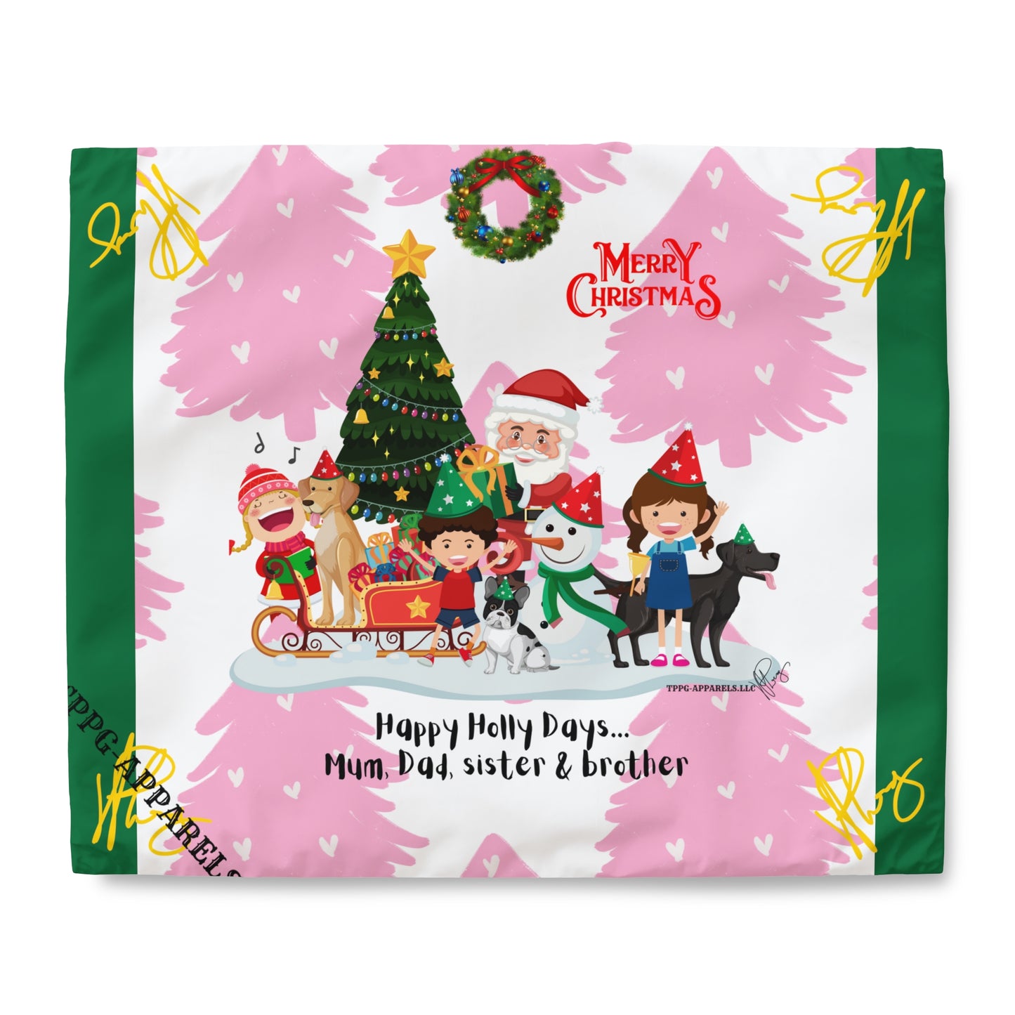 "TPPG Home" Holiday/Christmas Collection - (Deep Green w/Yellow Signature) 3ct sizes 'Duvet Blanket/Cover' (consealed zipper)