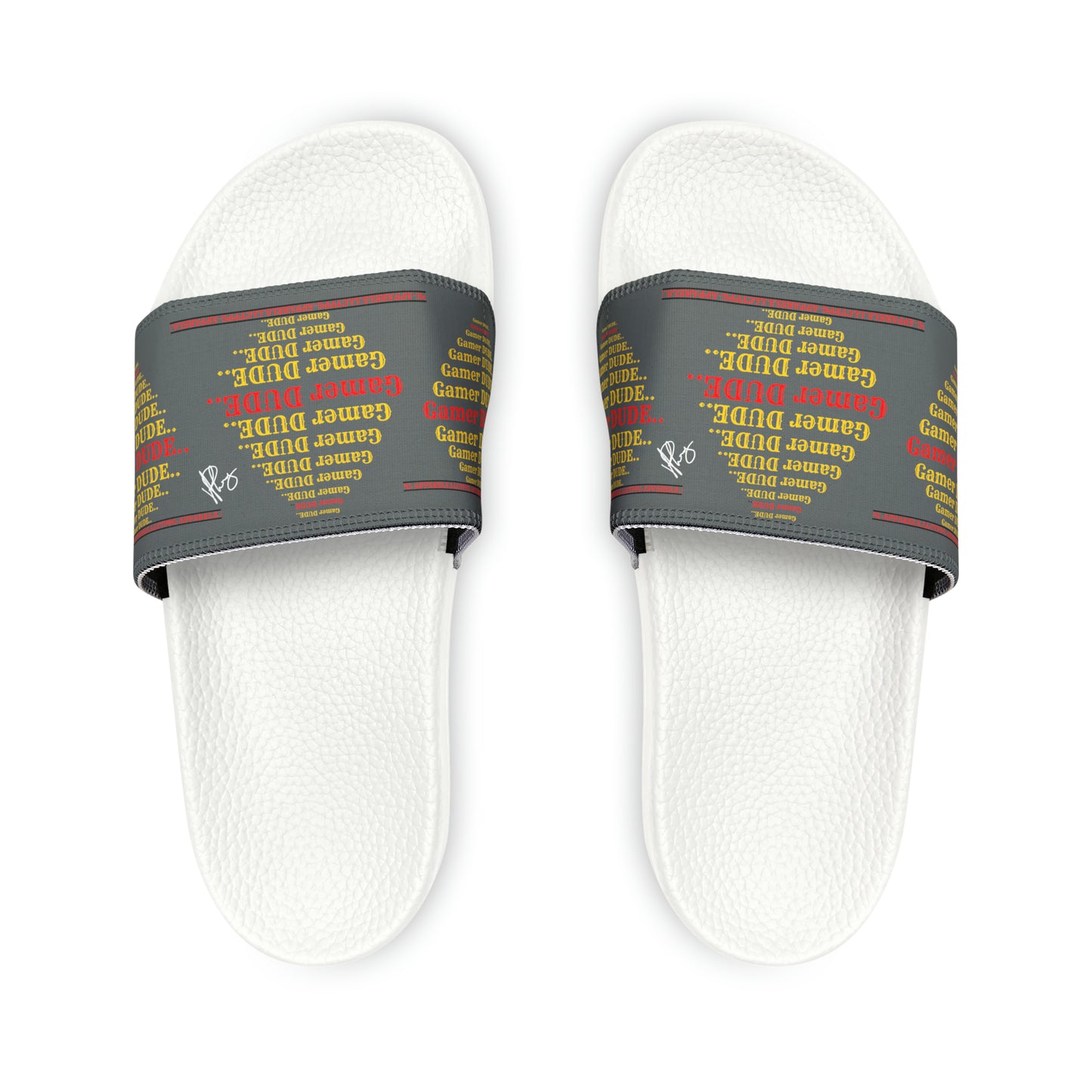 These are our "TPPG Brand" Grey Top/Black & White Soles "Gamer" Printed Men/Women's & Children Slide Sandals