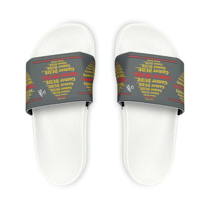 These are our "TPPG Brand" Grey Top/Black & White Soles "Gamer" Printed Men/Women's & Children Slide Sandals