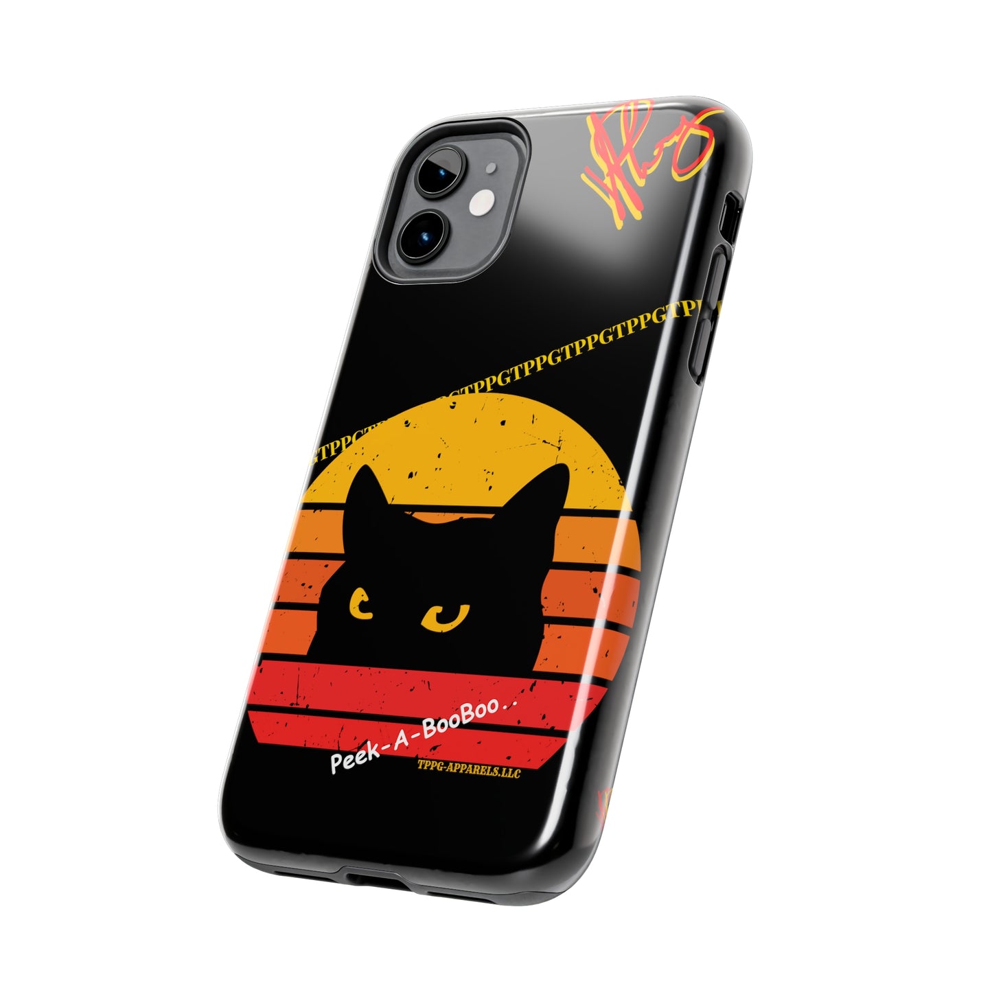 One of our Cutest Cat "Peek-A-BOOO.." Pet Designs (in a Bold Yellow/Orange/Red Base Colors) Verision from the 'TPPG Collection' Line carries Several sizes of the "iPhone Series" Tough Phone Cases