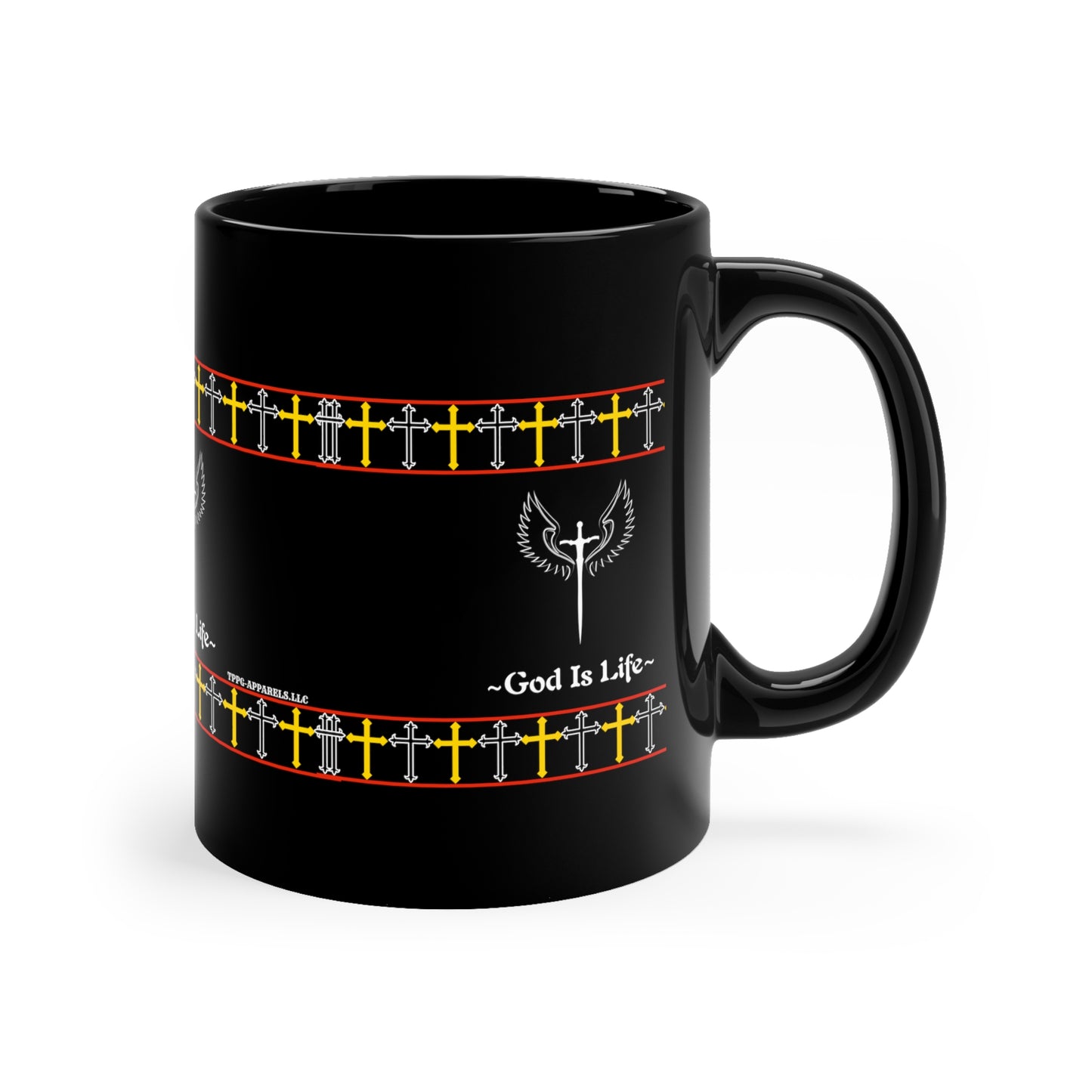 This Sleek 11oz Black "God Is Life" Glossy Style Mug - from the 'TPPG-Apparels' Brand Collection