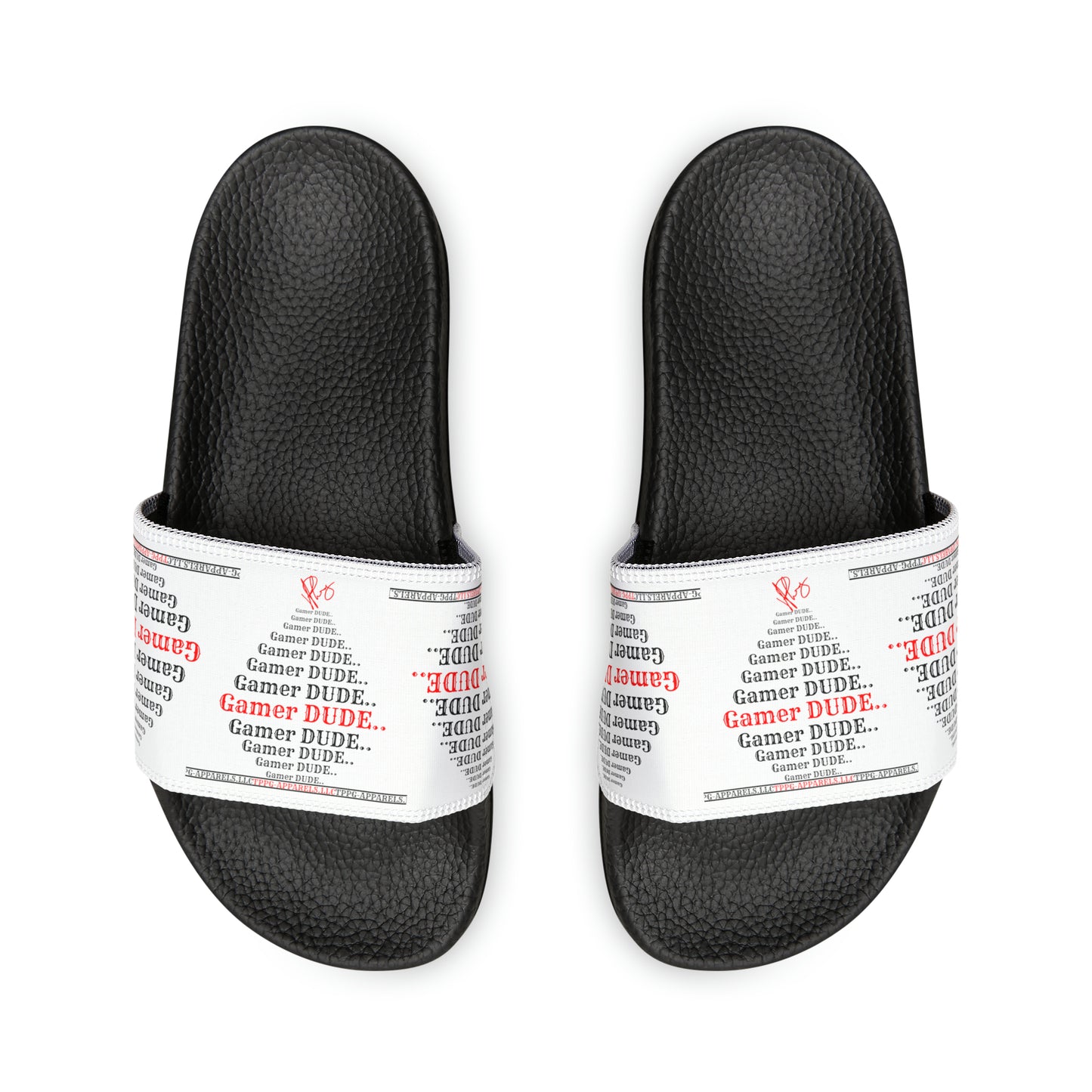 These are our "TPPG Brand" White Top/White or Black Soles "Gamer" Printed Men/Women's & Children Slide Sandals