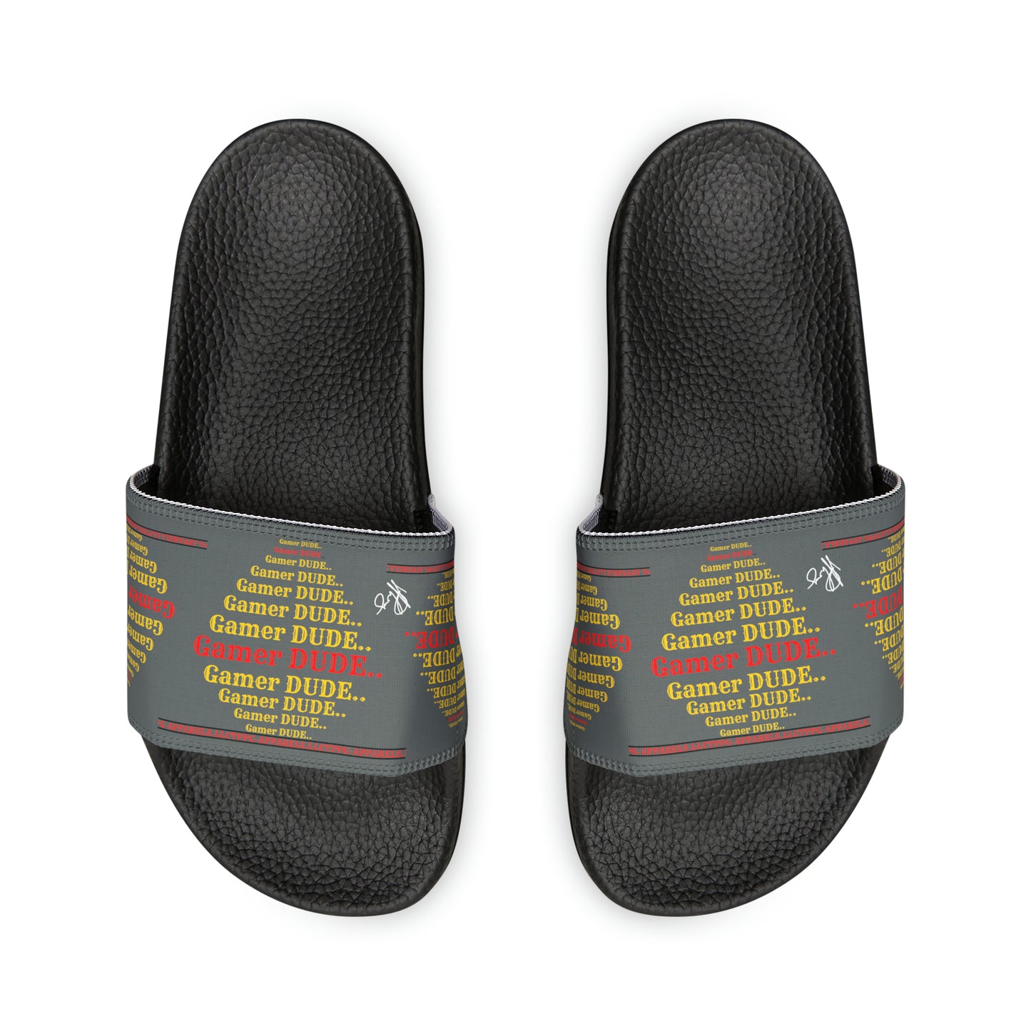 These are our "TPPG Brand" Grey Top/Black & White Soles "Gamer" Printed Men/Women's & Children Slide Sandals