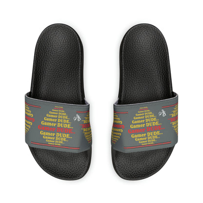 These are our "TPPG Brand" Grey Top/Black & White Soles "Gamer" Printed Men/Women's & Children Slide Sandals