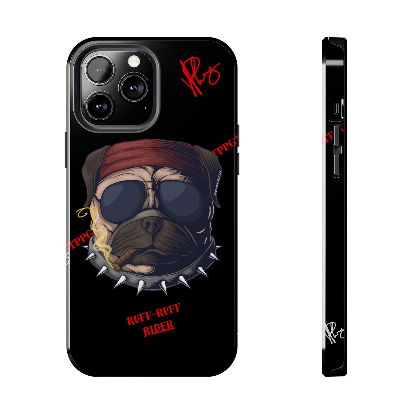 This Tough Design of A "Ruff Rider" with a Black Base Color - Cute Pet Design for Dog Owners Verision from the 'TPPG Collection' Line carries Several sizes of the "iPhone Series" Tough Phone Cases