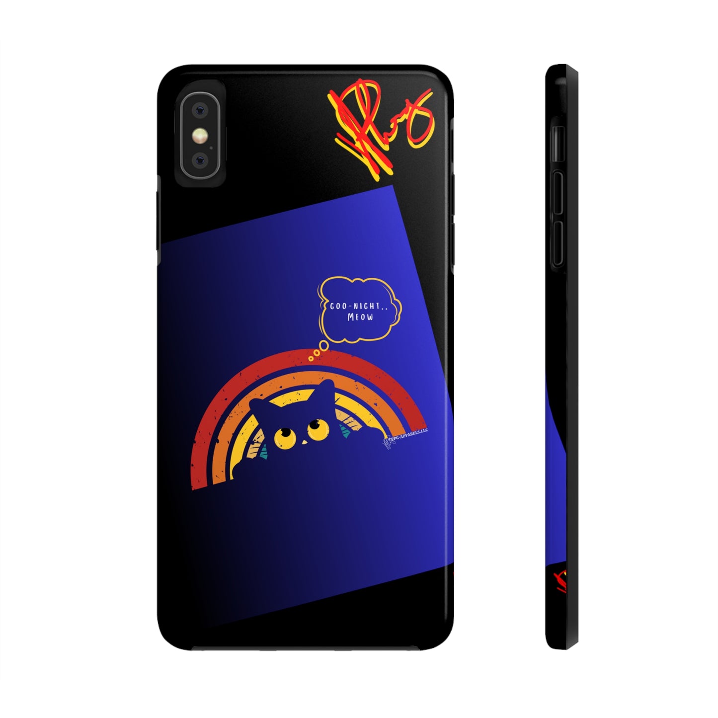 Our Cutest "Goo Night Meow.." Pet Designs (in a Bold Purple/Blue/Black Base Color) Verision from the 'TPPG Collection' Line carries Several sizes of the "iPhone Series" Tough Phone Cases