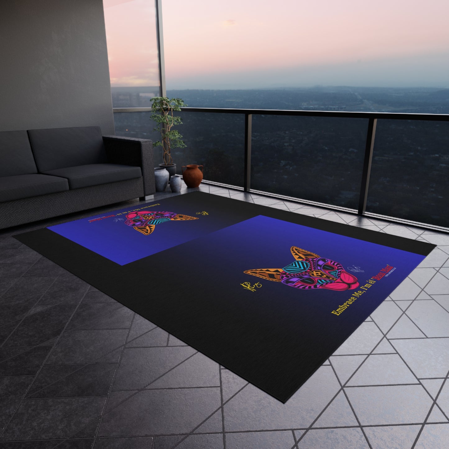 Durable Dark Multi-Color Outdoor Rug/Carpet-'Cat-Boss Man' Style Design