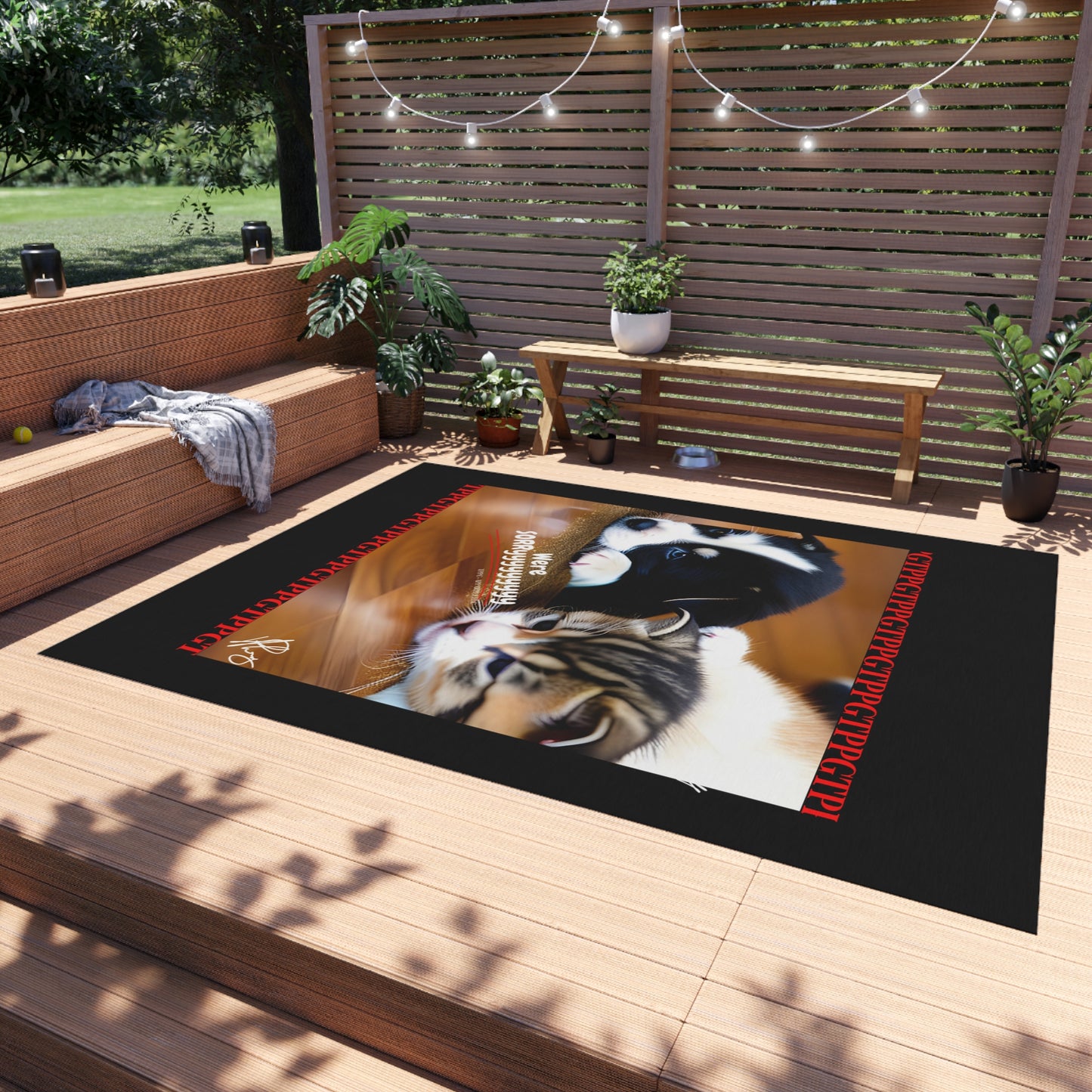 Durable Non-Slip Outdoor Carpet/Rug ('We're Sorryyyyyy') Cat Design (Black Background)