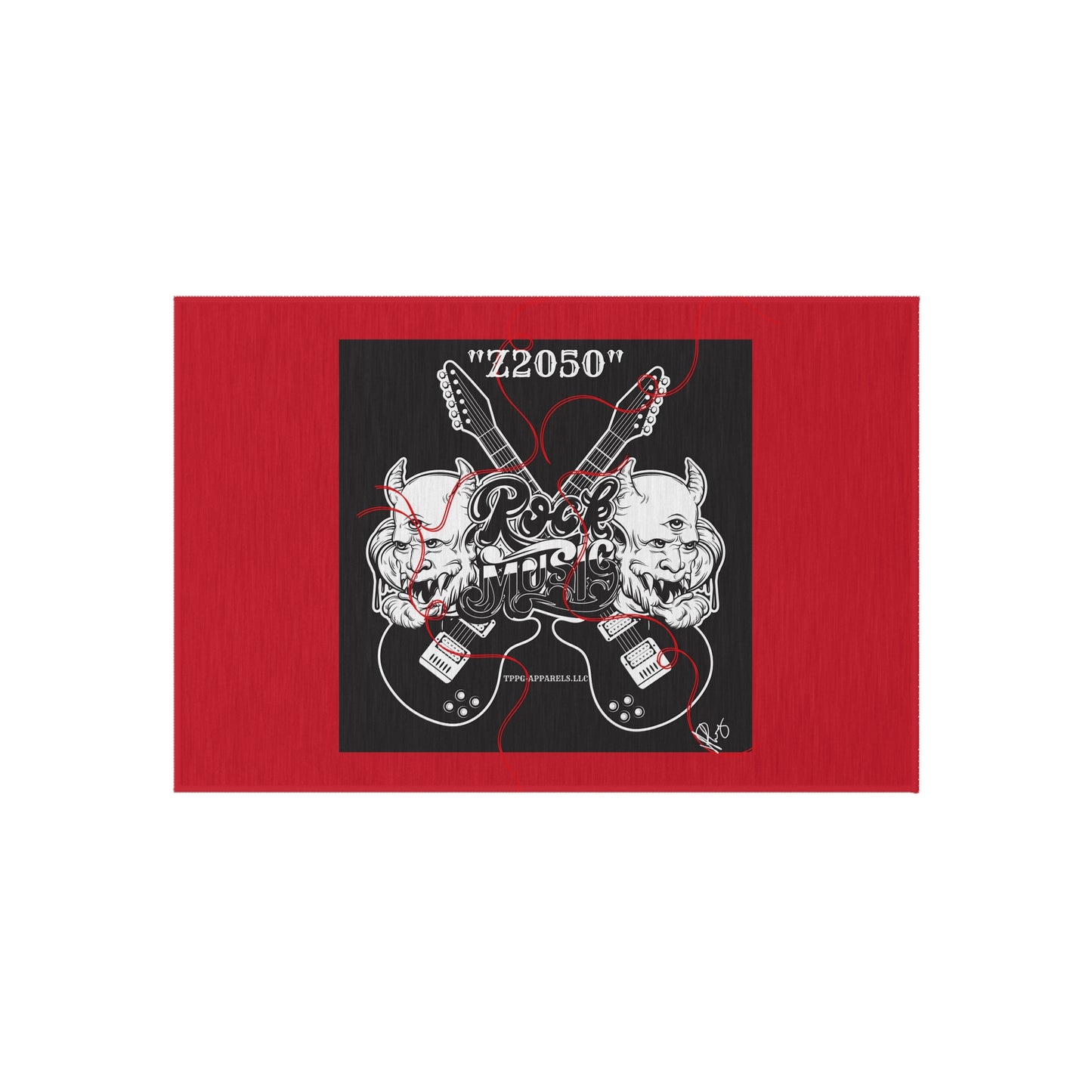 Sleek ('Z2050 Rock Music') Red & Black Durable & Non-Slip Outdoor Rug