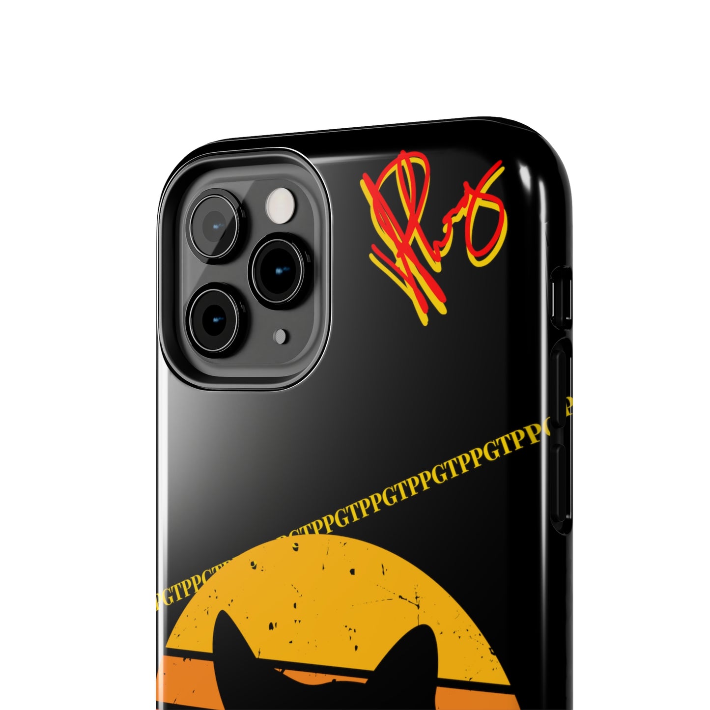 One of our Cutest Cat "Peek-A-BOOO.." Pet Designs (in a Bold Yellow/Orange/Red Base Colors) Verision from the 'TPPG Collection' Line carries Several sizes of the "iPhone Series" Tough Phone Cases