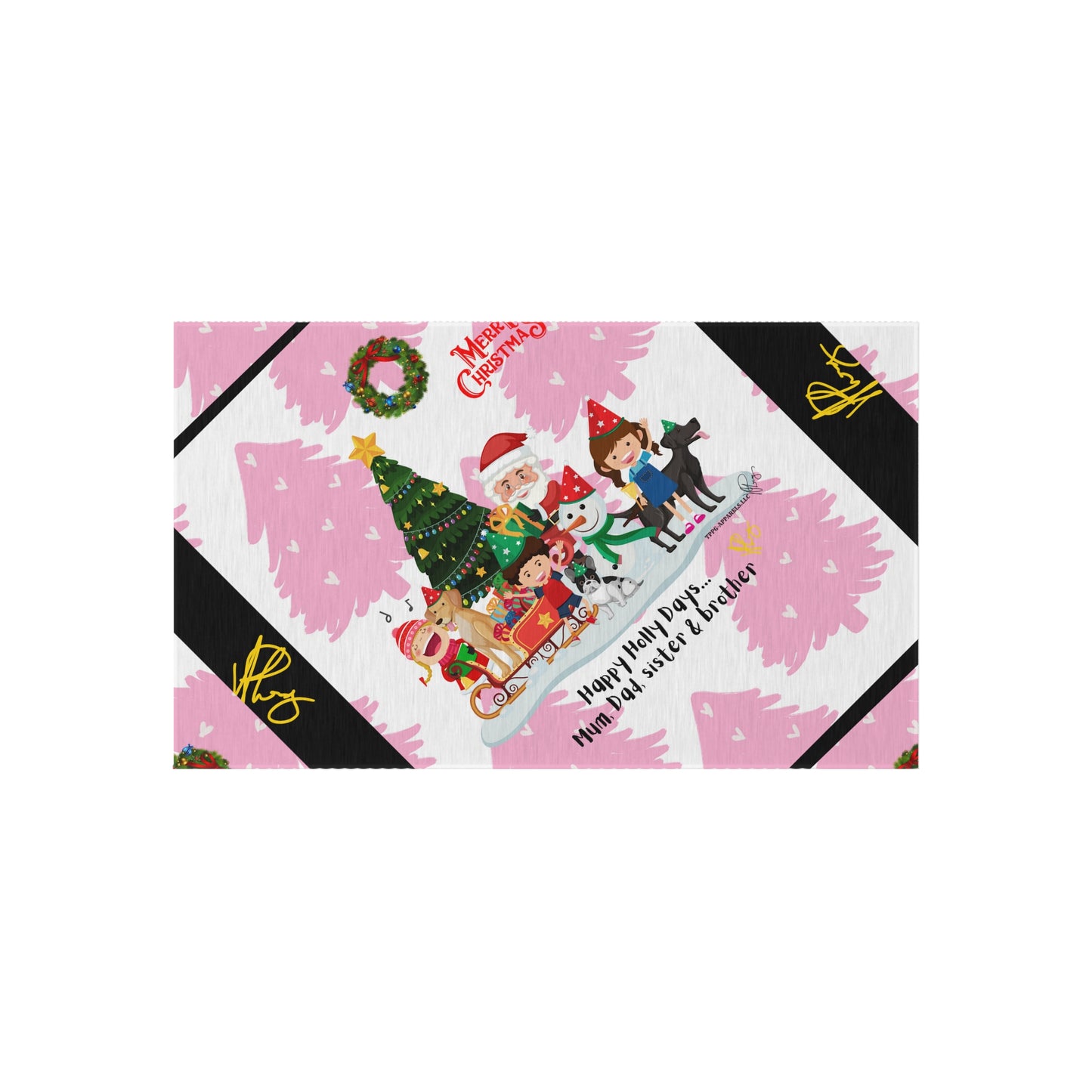 'TPPG Holiday/Christmas Collection"-Design on a Pink/Black Multi-Color Durable Outdoor Rug