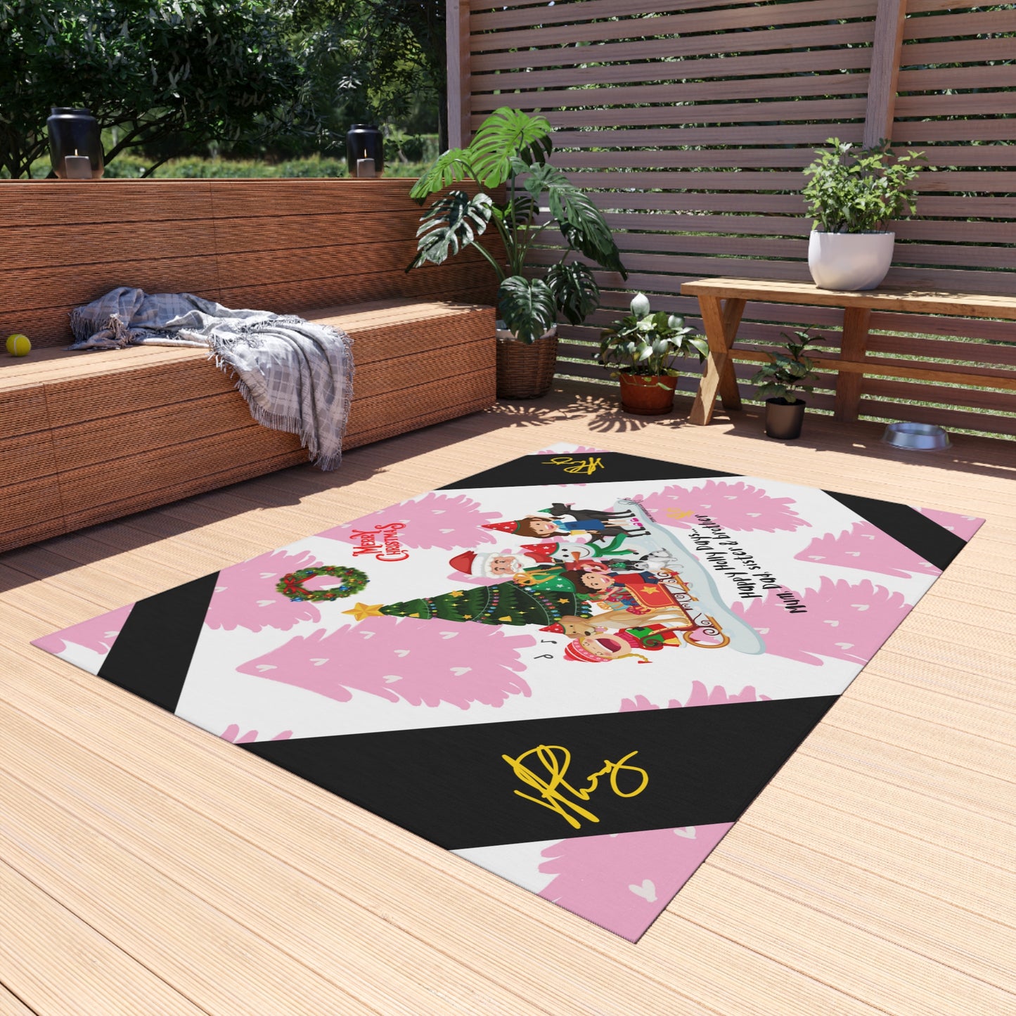 'TPPG Holiday/Christmas Collection"-Design on a Pink/Black Multi-Color Durable Outdoor Rug