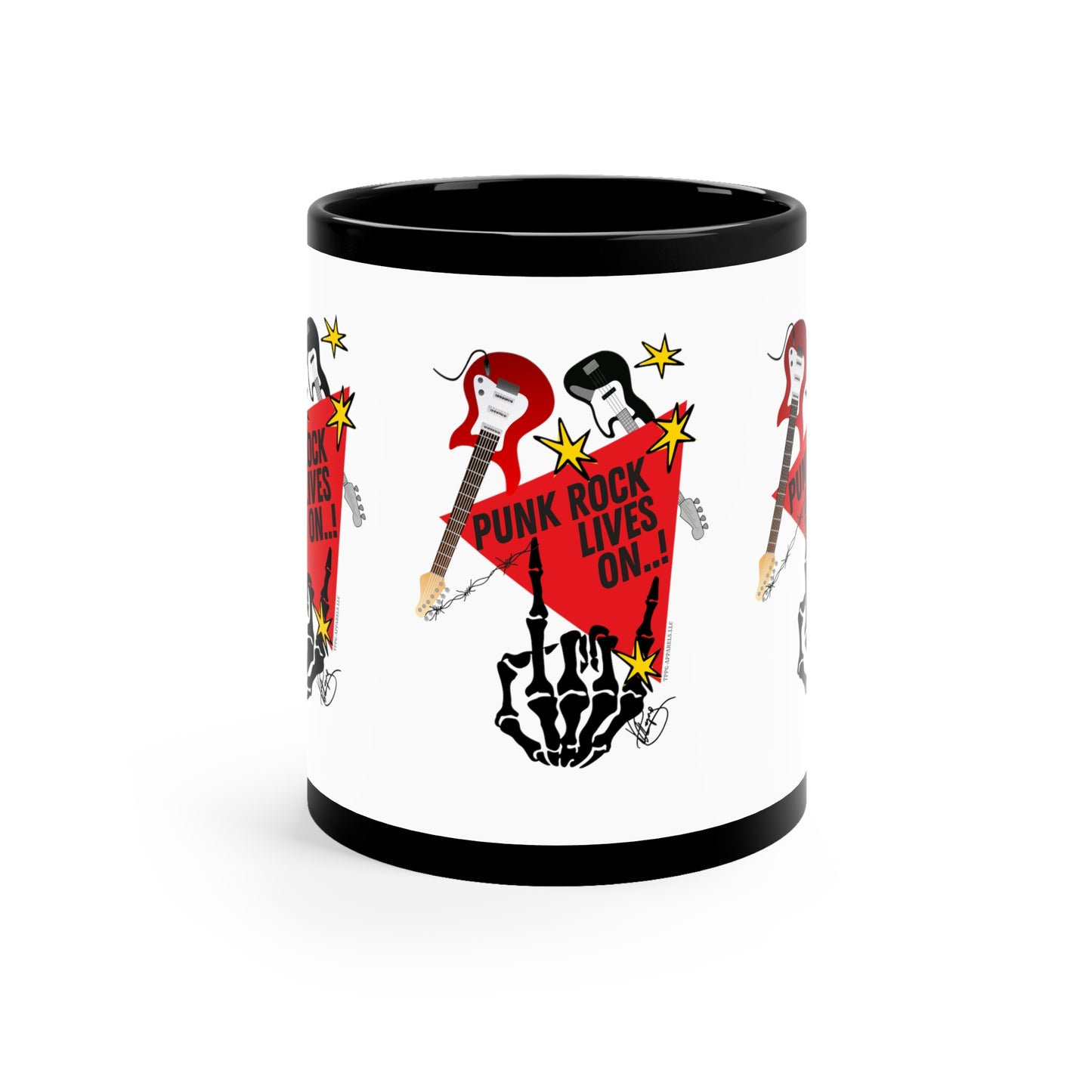 "PUNK ROCK LIVES ON' Designed-Black Glossy Finish 11oz Coffee/Tea Mug - from the 'TPPG-Apparels' Brand Collection