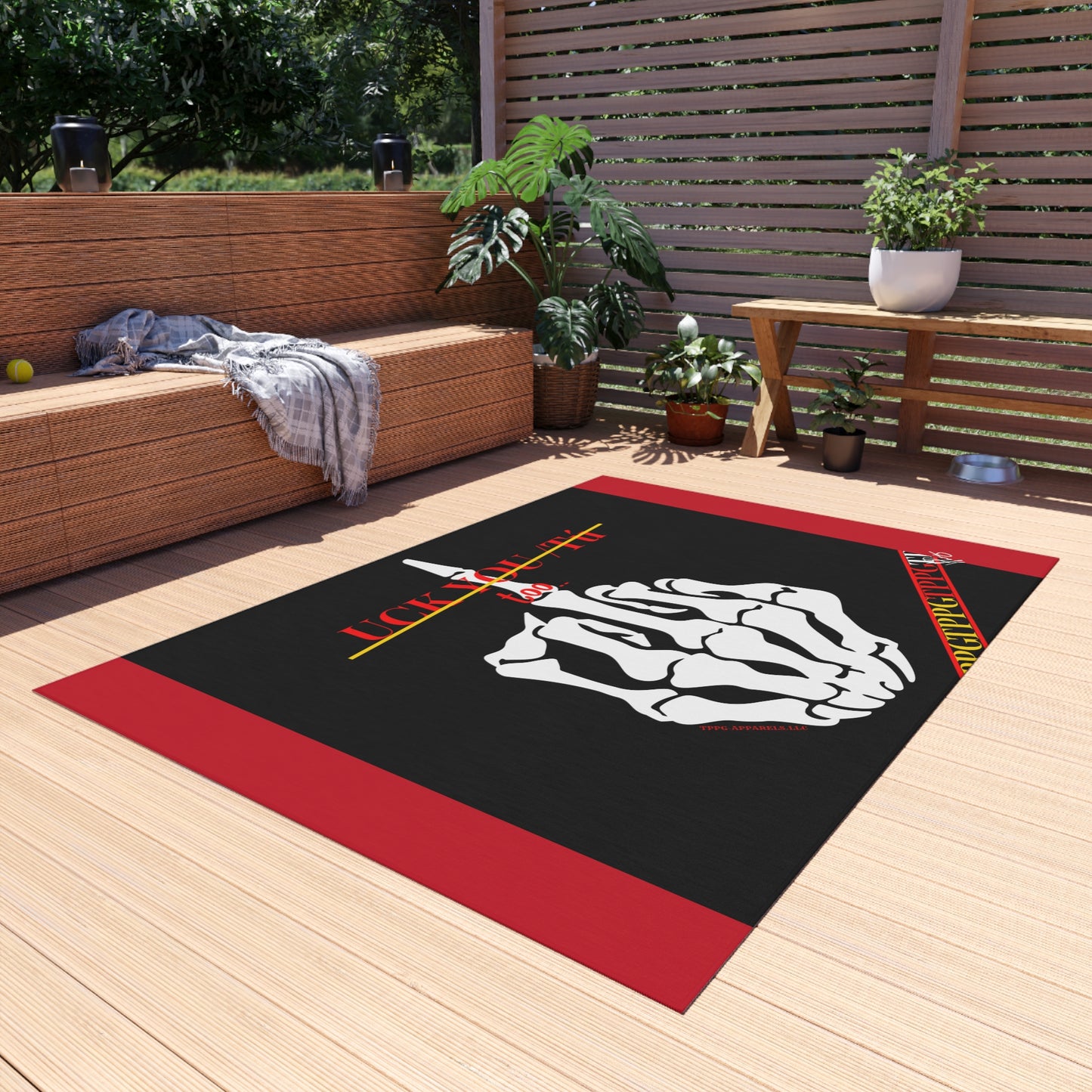 'TPPG'-Kool Rock Skelton Design ('Uck You Tú') Red/Black Durable & Non-Slip Outdoor Rug