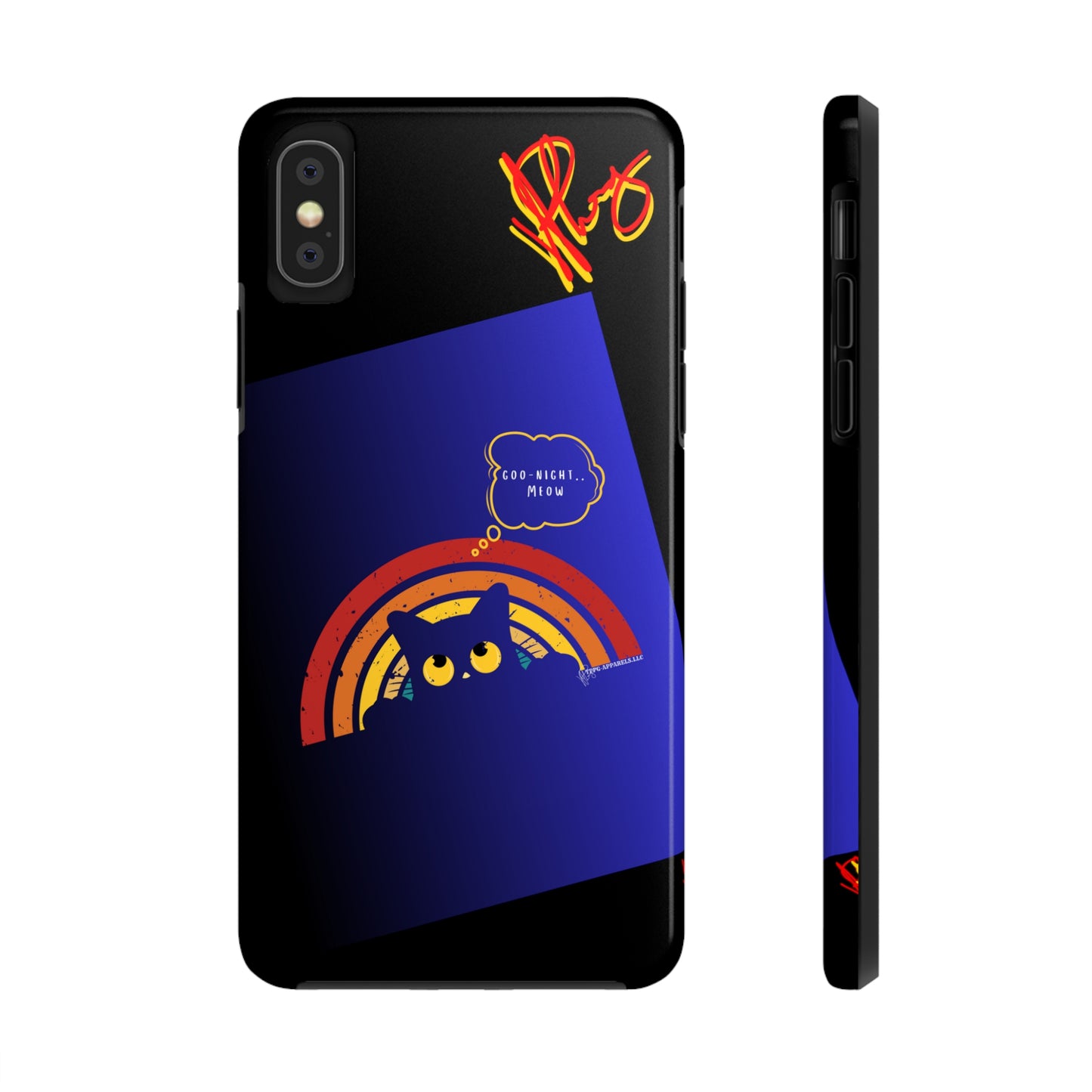 Our Cutest "Goo Night Meow.." Pet Designs (in a Bold Purple/Blue/Black Base Color) Verision from the 'TPPG Collection' Line carries Several sizes of the "iPhone Series" Tough Phone Cases