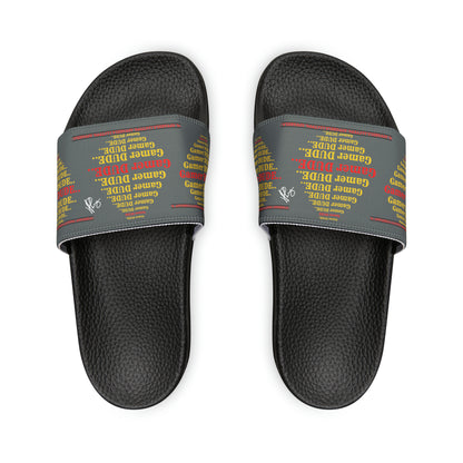 These are our "TPPG Brand" Grey Top/Black & White Soles "Gamer" Printed Men/Women's & Children Slide Sandals