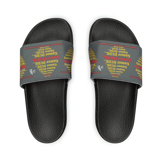 These are our "TPPG Brand" Grey Top/Black & White Soles "Gamer" Printed Men/Women's & Children Slide Sandals