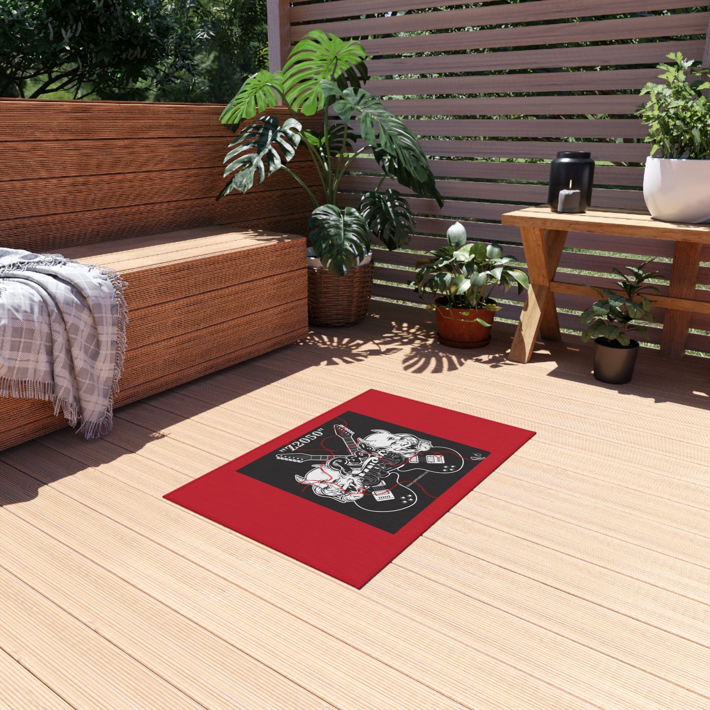 Sleek ('Z2050 Rock Music') Red & Black Durable & Non-Slip Outdoor Rug