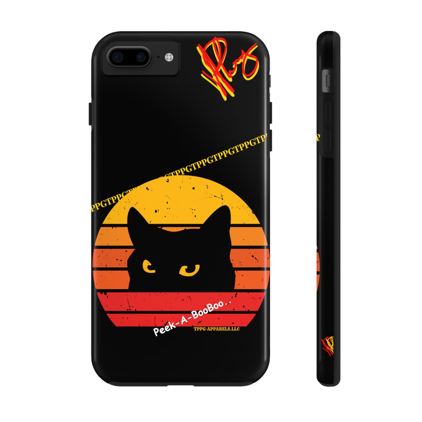 One of our Cutest Cat "Peek-A-BOOO.." Pet Designs (in a Bold Yellow/Orange/Red Base Colors) Verision from the 'TPPG Collection' Line carries Several sizes of the "iPhone Series" Tough Phone Cases