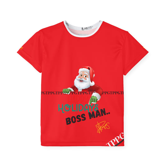 Kids Sport "Santa-Boss Man" Jersey/Tee (Cherry Red 'one sleeve' Base Color)-By:"TPPG-Apparel" Juniors Collections