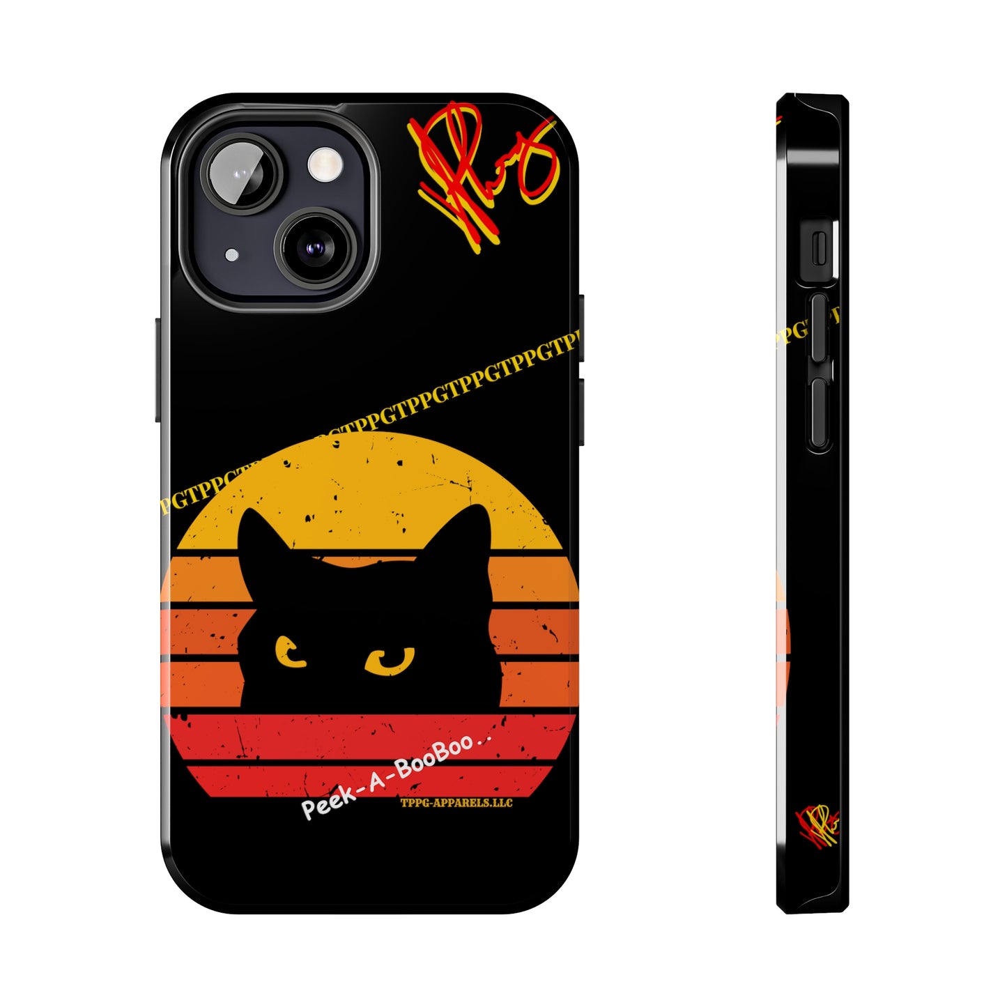 One of our Cutest Cat "Peek-A-BOOO.." Pet Designs (in a Bold Yellow/Orange/Red Base Colors) Verision from the 'TPPG Collection' Line carries Several sizes of the "iPhone Series" Tough Phone Cases