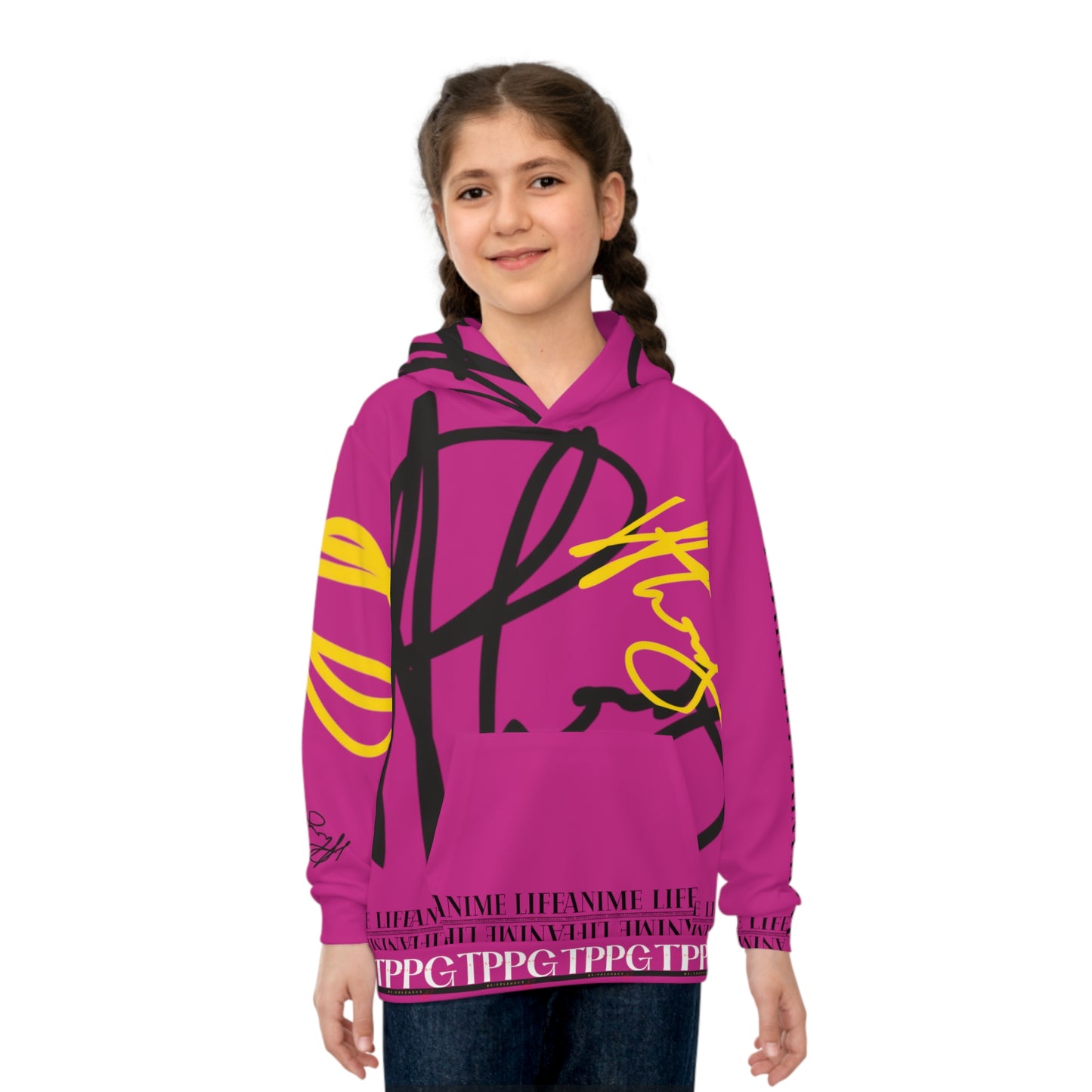 Children's "Anime Life" (Dk. Pink-Black/Yellow) "TPPG Logo" Hoodie in 6 sizes