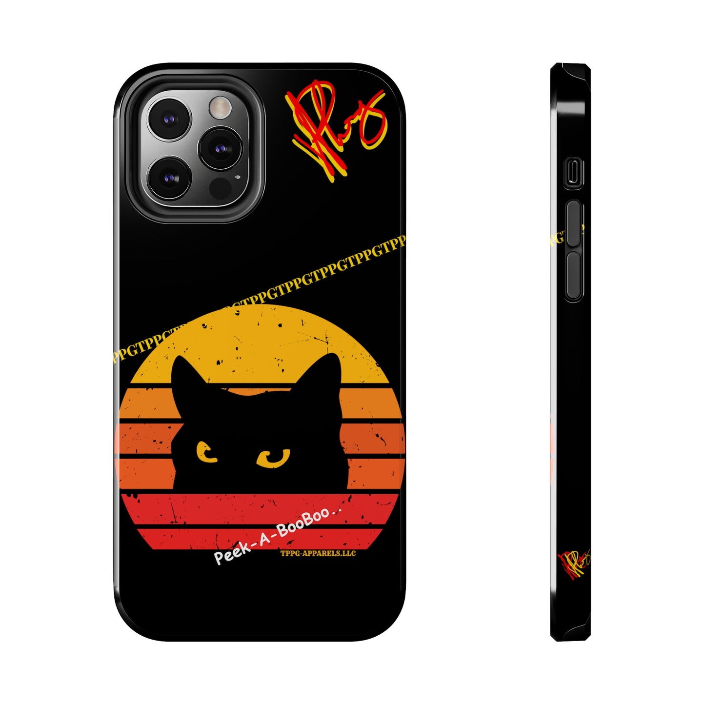 One of our Cutest Cat "Peek-A-BOOO.." Pet Designs (in a Bold Yellow/Orange/Red Base Colors) Verision from the 'TPPG Collection' Line carries Several sizes of the "iPhone Series" Tough Phone Cases