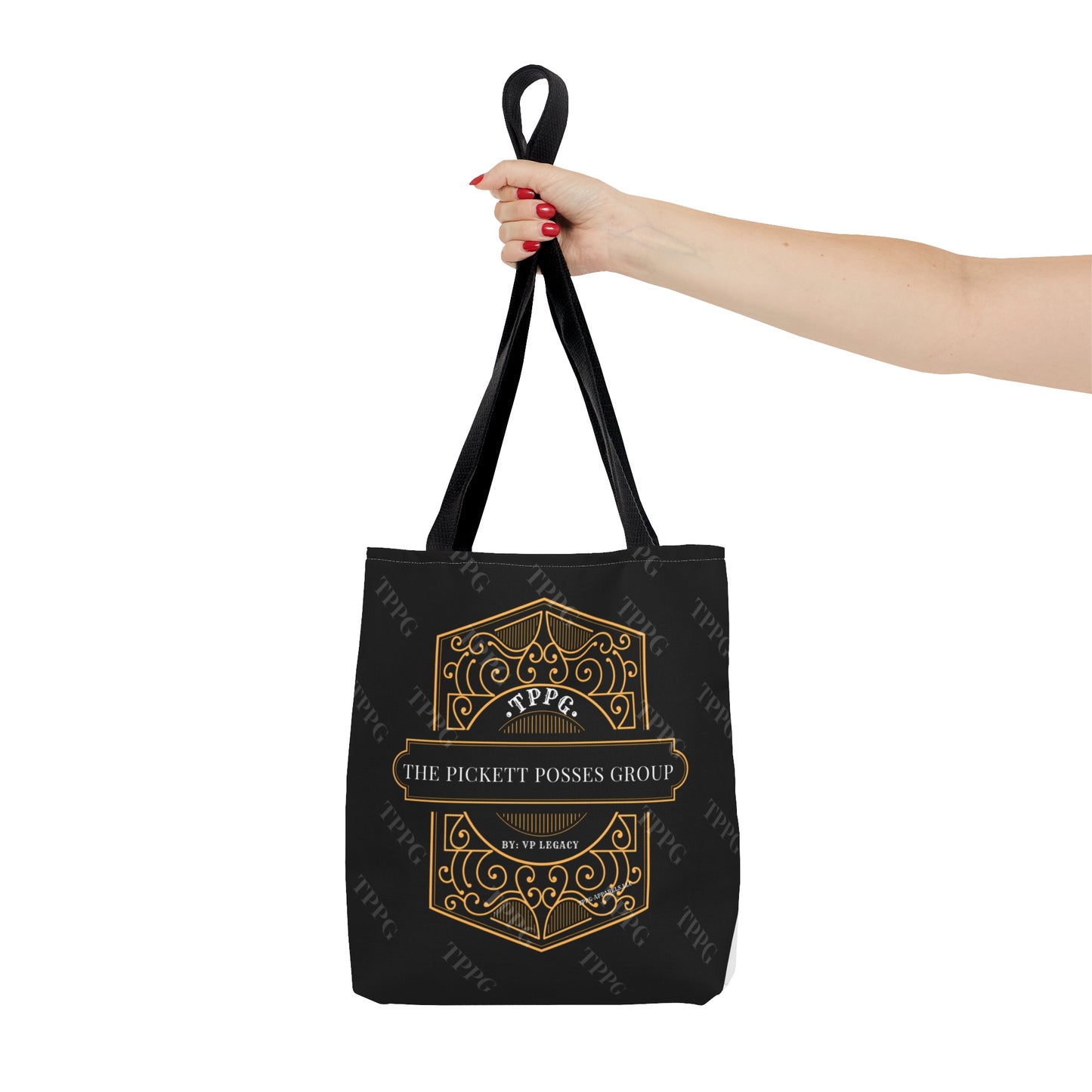 3 sizes-Sleek 'TPPG-Apparel' Brand Style Tote Bag w/Gold Crest on Front facing