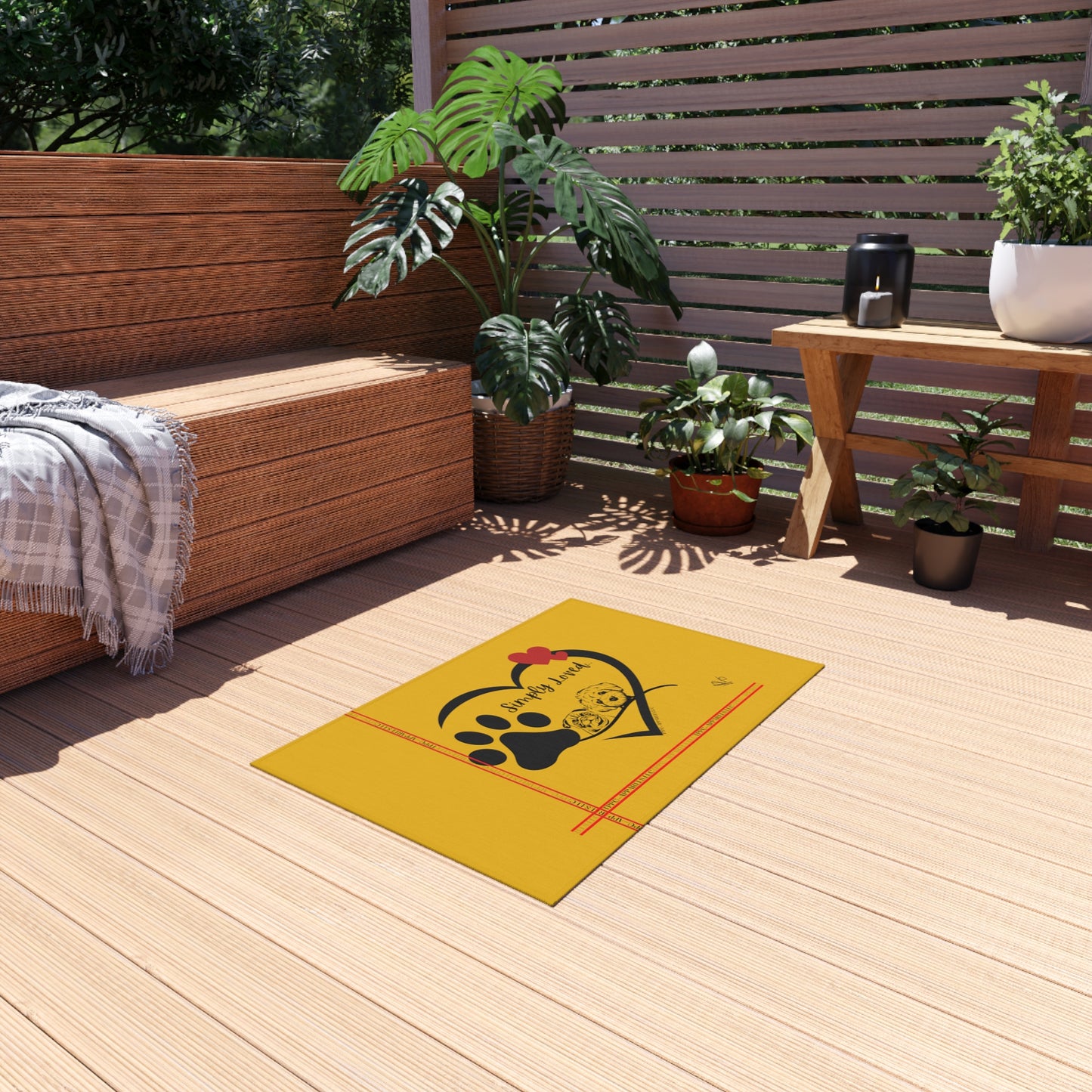 Adorable Pup/Dog Design ('Simply Loved') Sunny Yellow Durable & Non-Slip Outdoor Rug