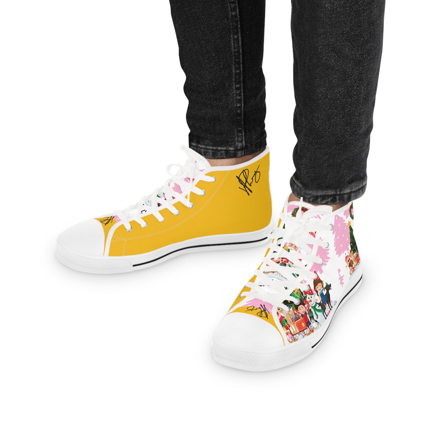 Multi-Colorful (Base Yellow), Sleek, Humorous & Unique "Holiday/Christmas" Men's High Top Sneakers with a unique Flair.....