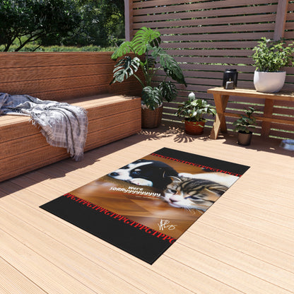 Durable Non-Slip Outdoor Carpet/Rug ('We're Sorryyyyyy') Cat Design (Black Background)