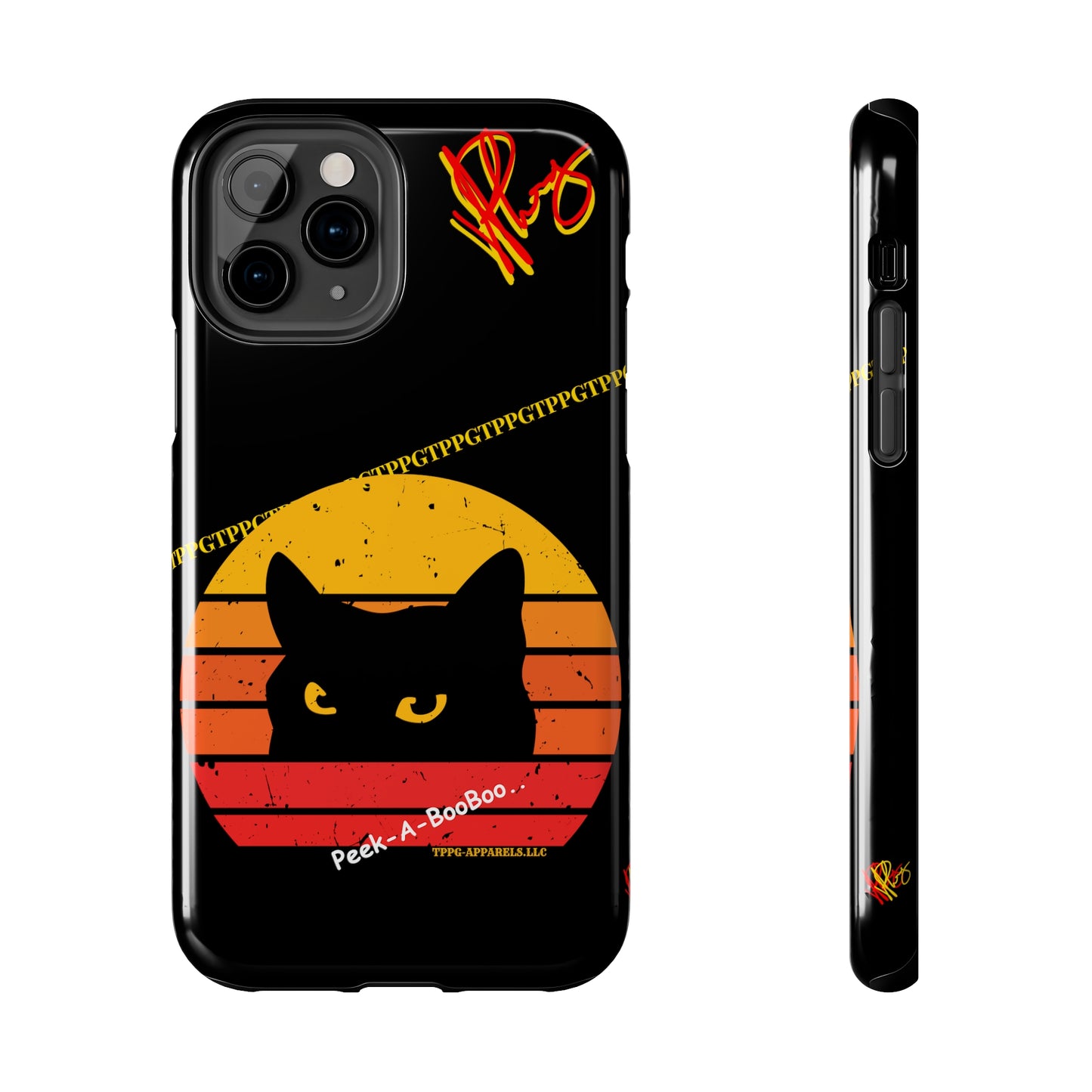 One of our Cutest Cat "Peek-A-BOOO.." Pet Designs (in a Bold Yellow/Orange/Red Base Colors) Verision from the 'TPPG Collection' Line carries Several sizes of the "iPhone Series" Tough Phone Cases