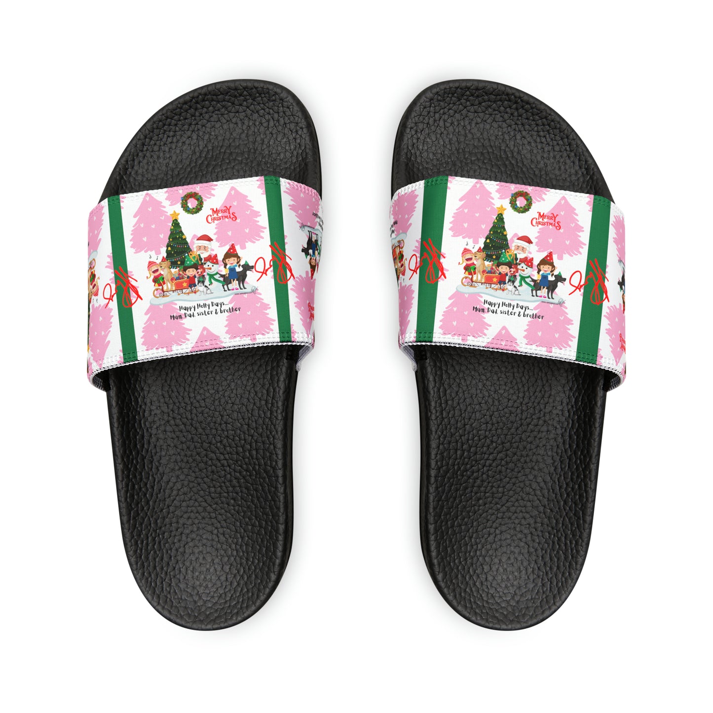 Our "TPPG Brand" White Top/White or Black Soles "Holiday" Printed Men/Women's & Children Slide Sandals