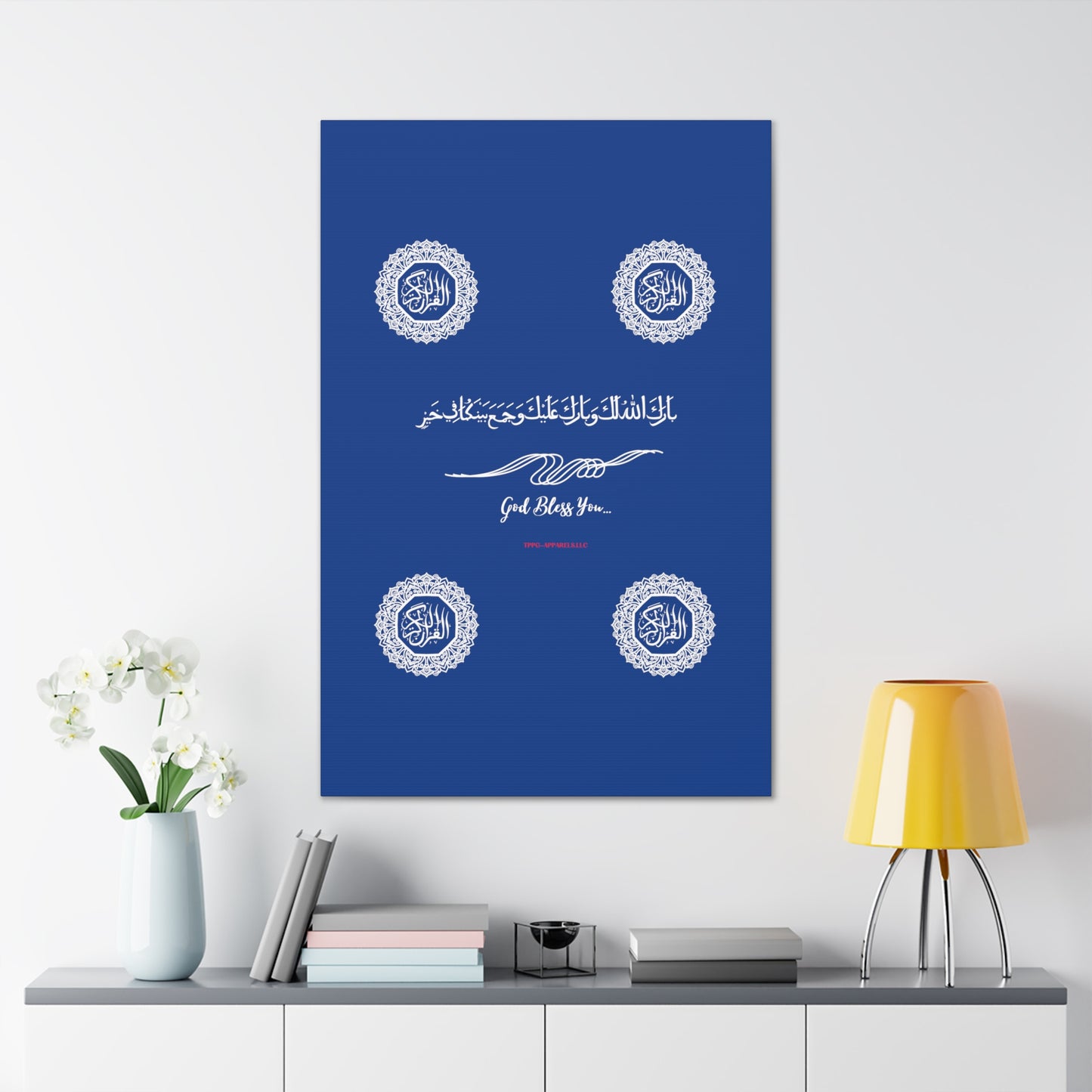 From our "TPPG Brand Arabic Faith Collection" - "Meaning:God Bless You.." Canvas Gallery Wraps in Dk Blue/White